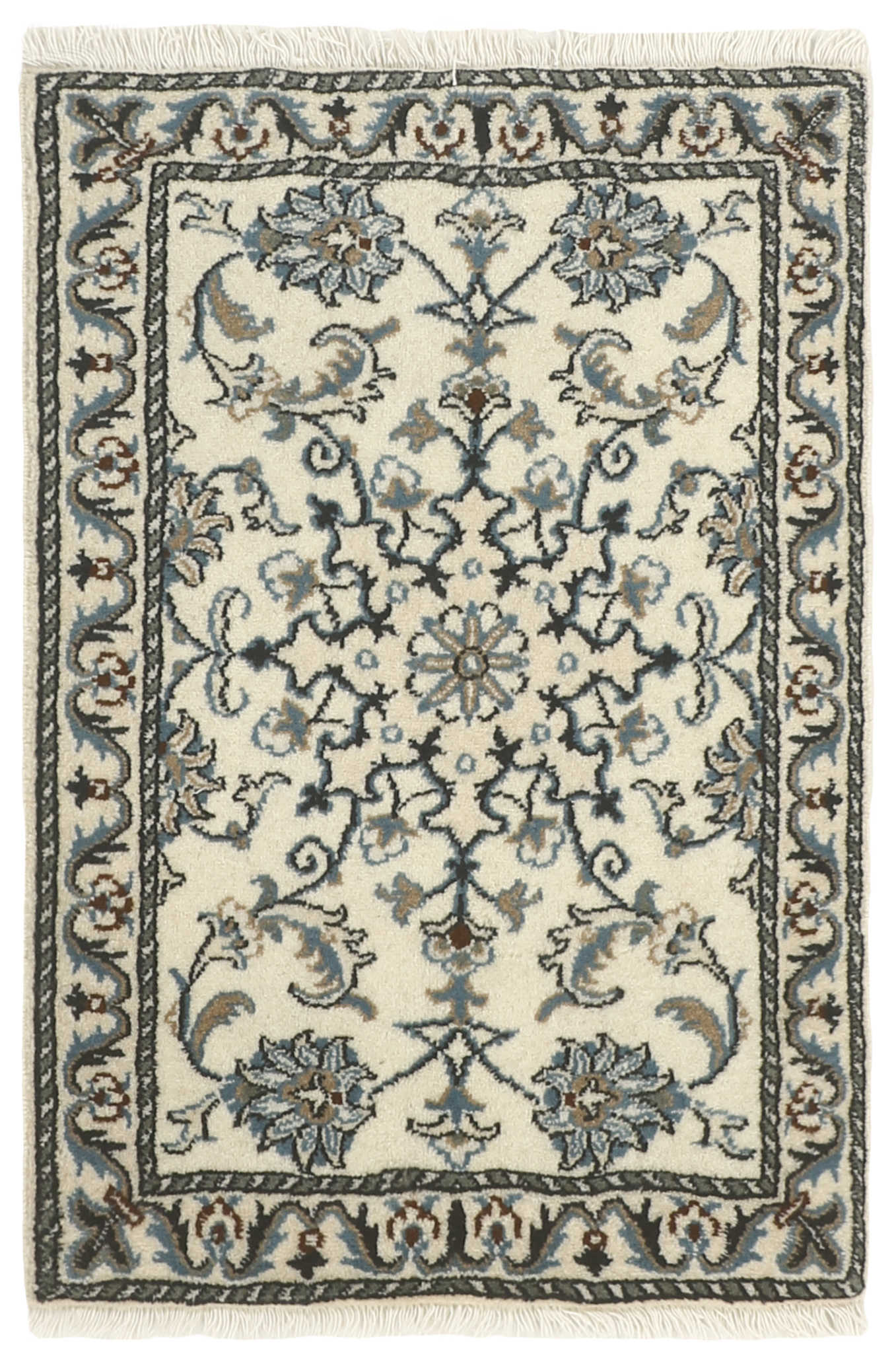 Authentic persian rug with a traditional floral design in cream and blue