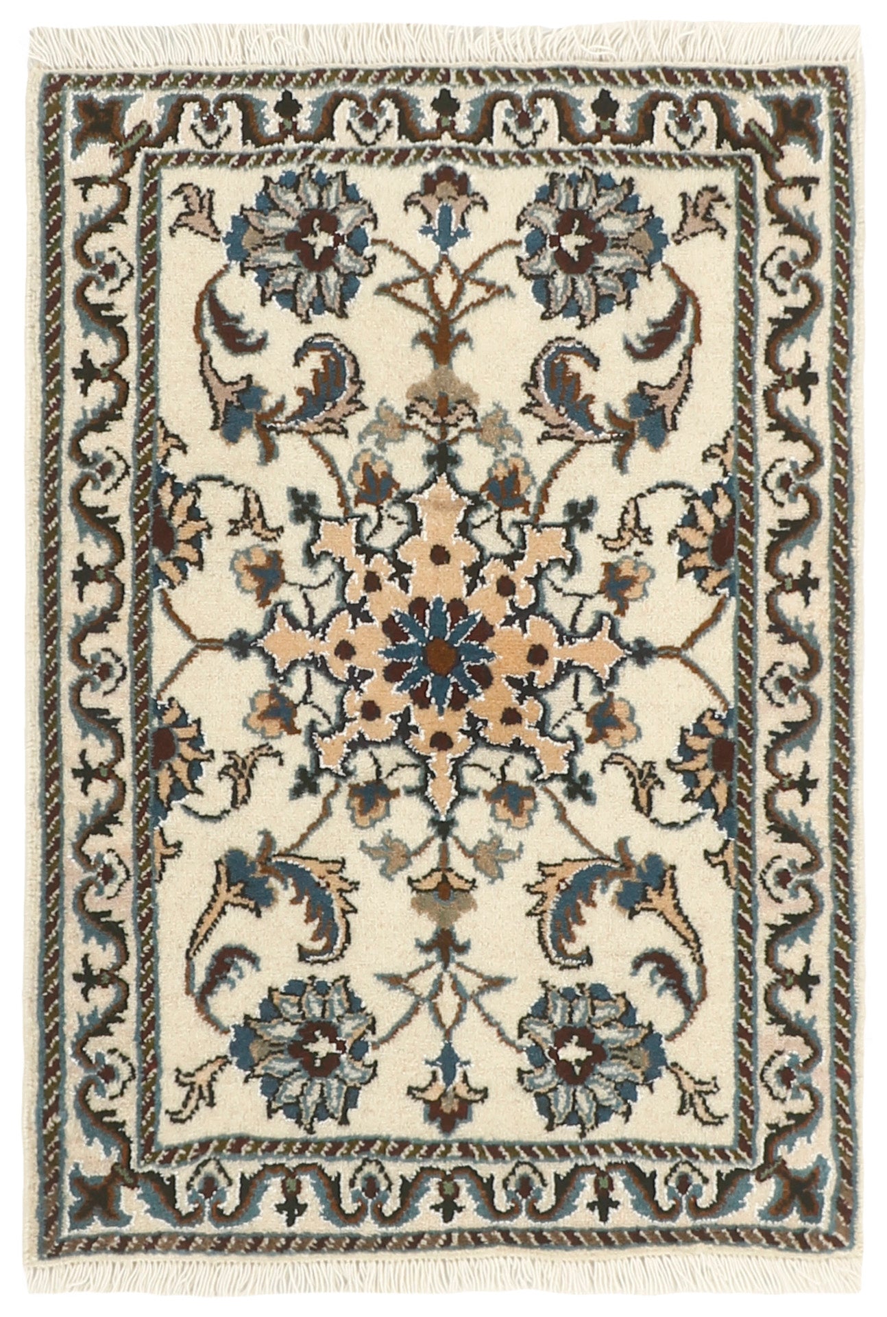 Authentic persian rug with a traditional floral design in cream and blue