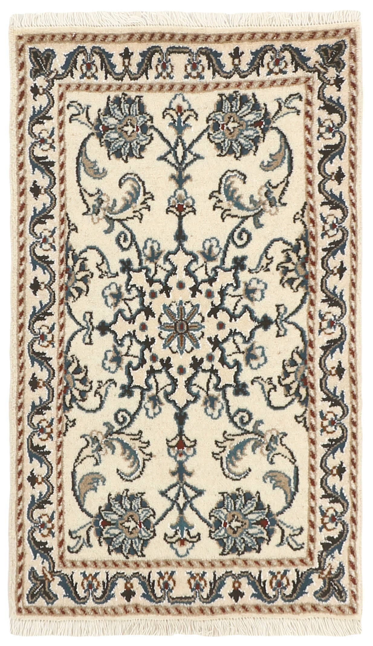 Authentic persian rug with a traditional floral design in cream and blue