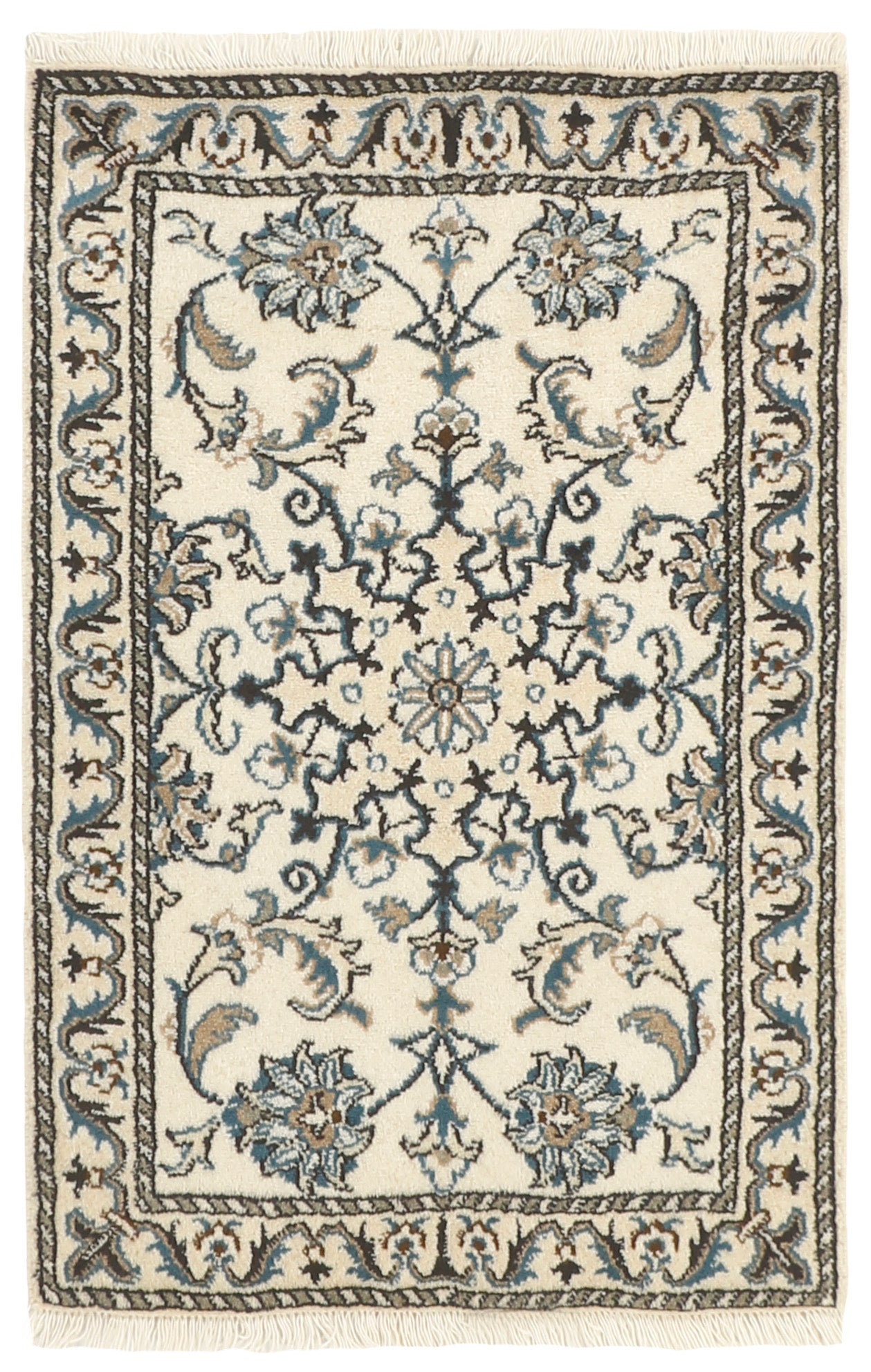 Authentic persian rug with a traditional floral design in cream and blue