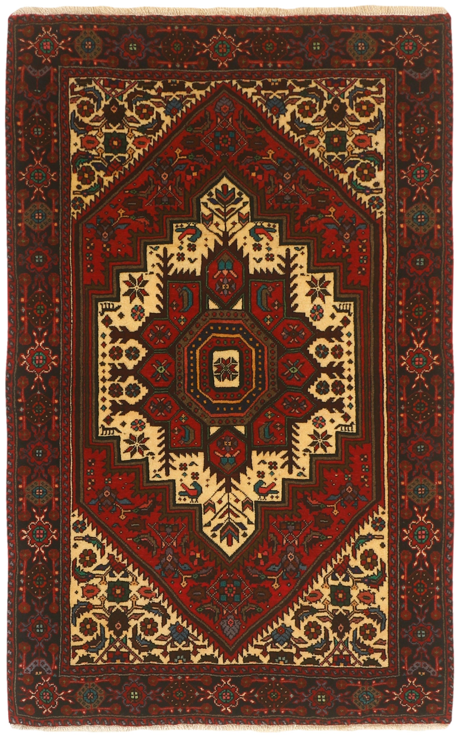 Red and beige persian rug with a floral design