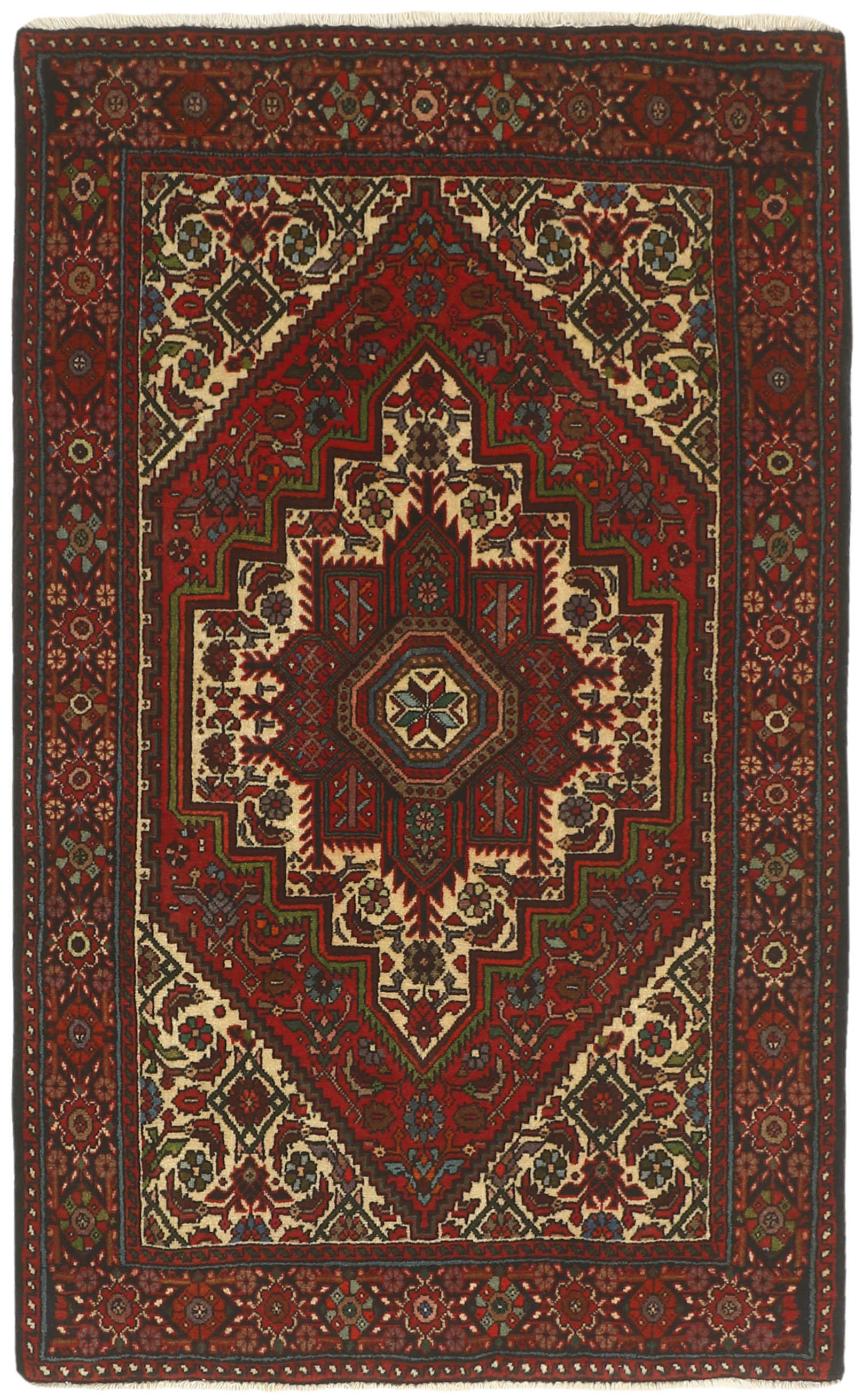 Red and beige persian rug with a floral design