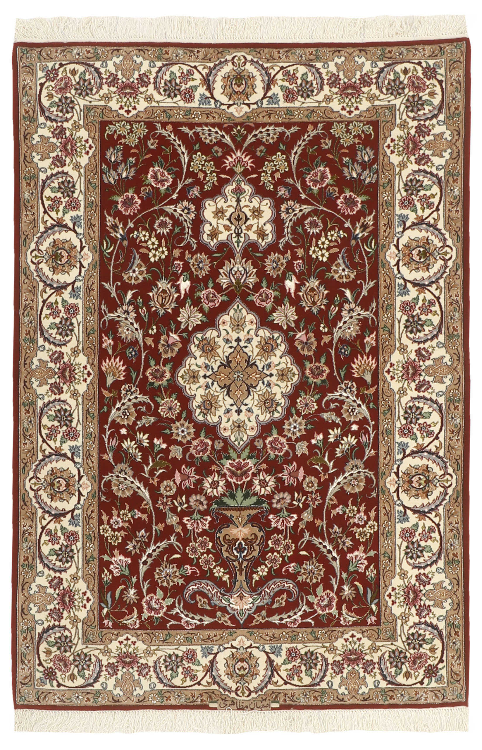 Authentic persian rug with traditional pattern in red, blue and ivory