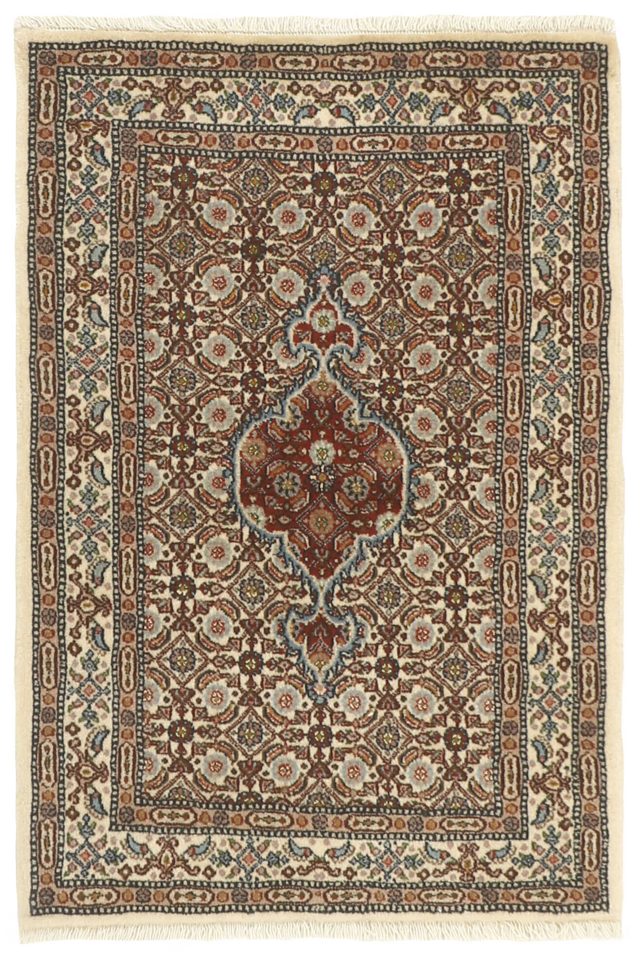 authentic persian rug with traditional floral pattern in cream, blue and red