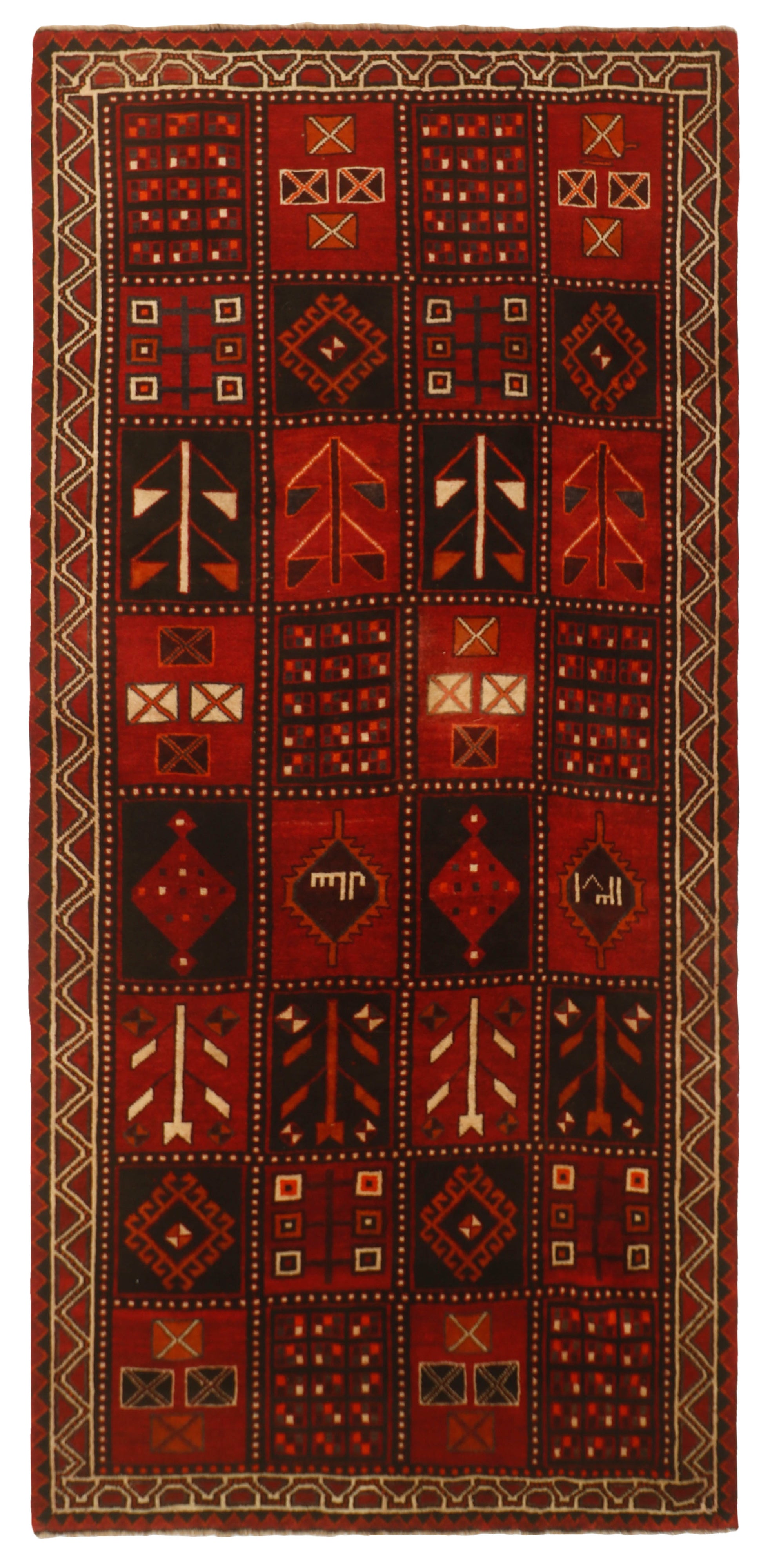 Red persian rug with traditional tribal geometric pattern