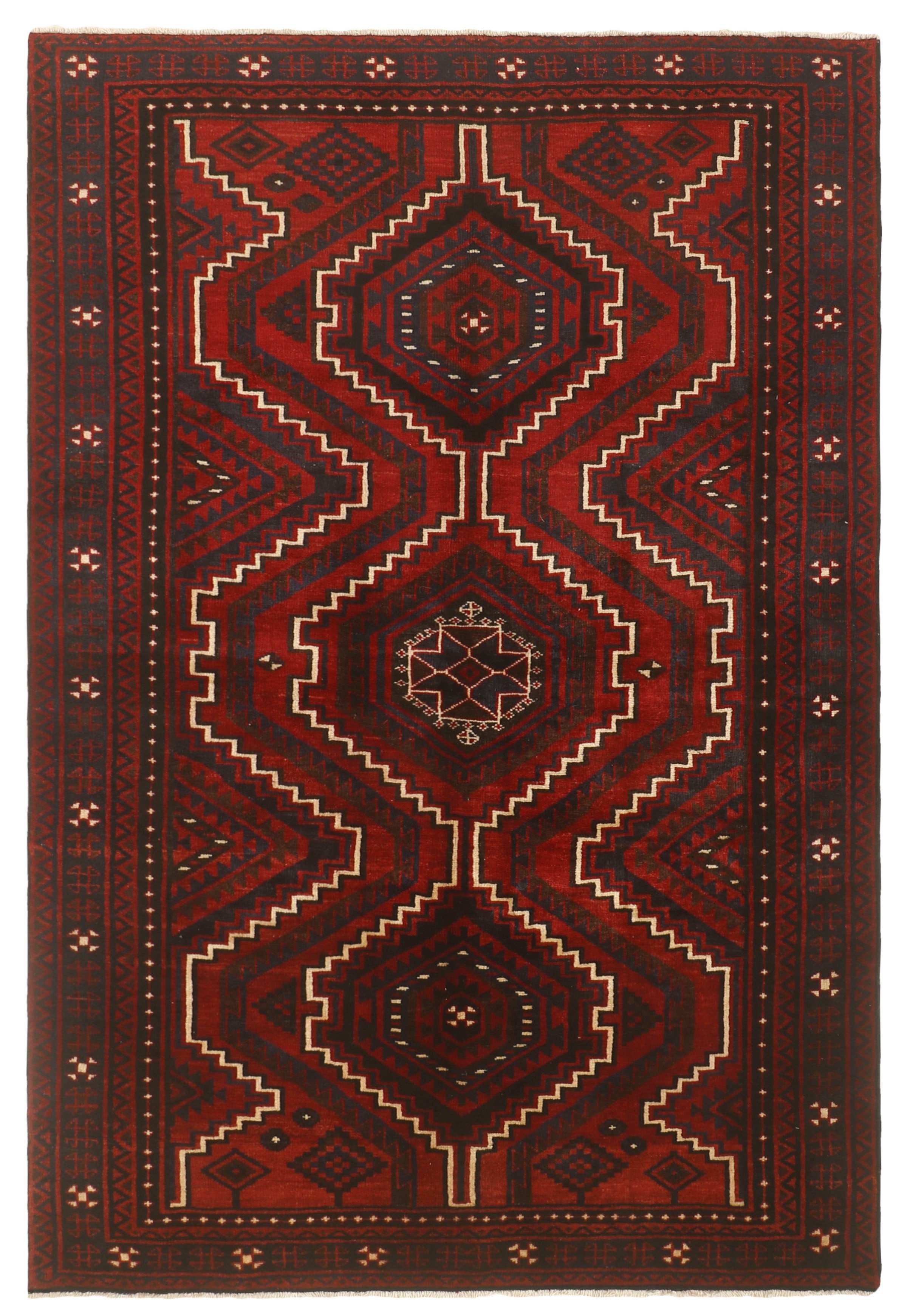 Red persian rug with traditional tribal geometric pattern