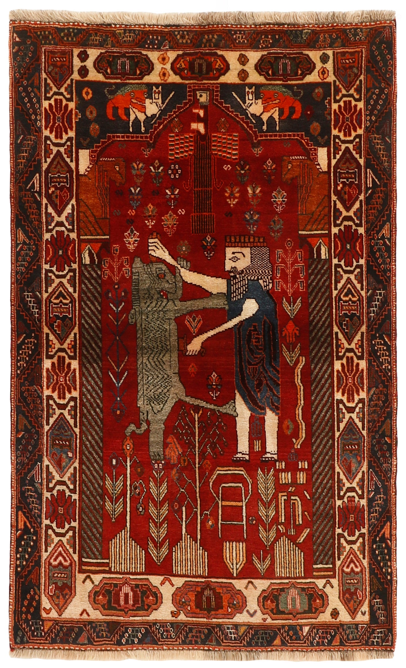 red persian rug with figural design