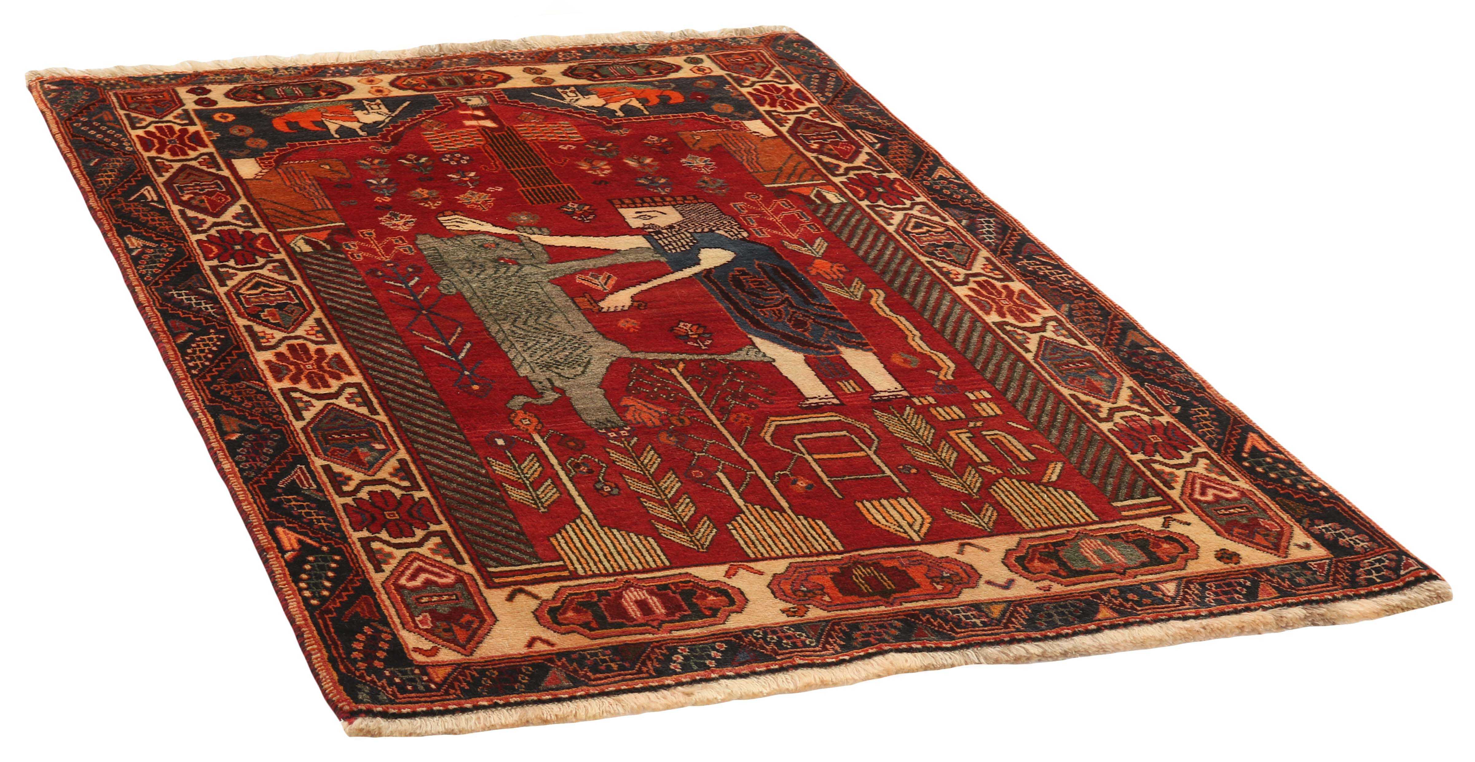 red persian rug with figural design