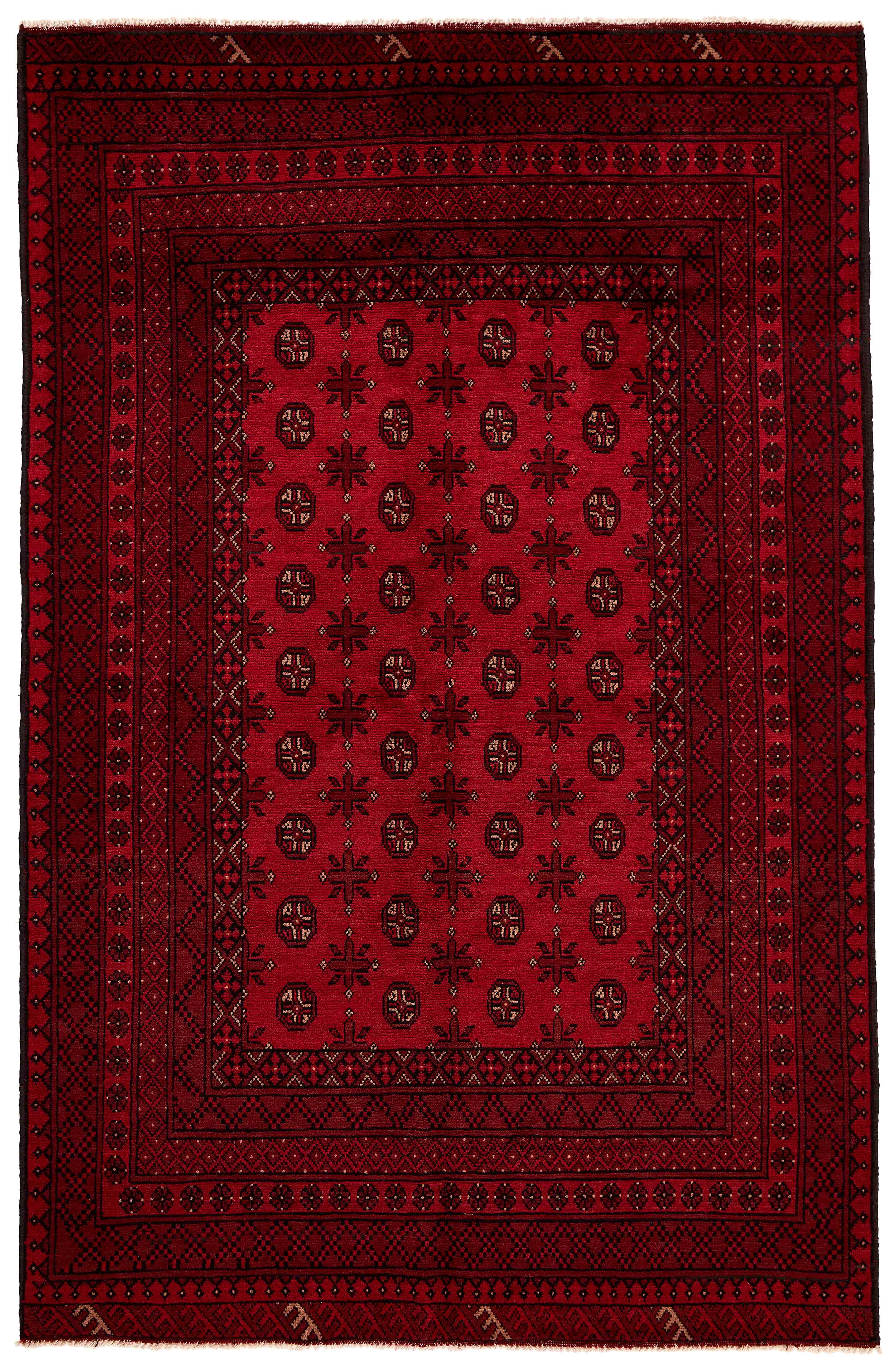 Red oriental rug with traditional elephant's foot pattern