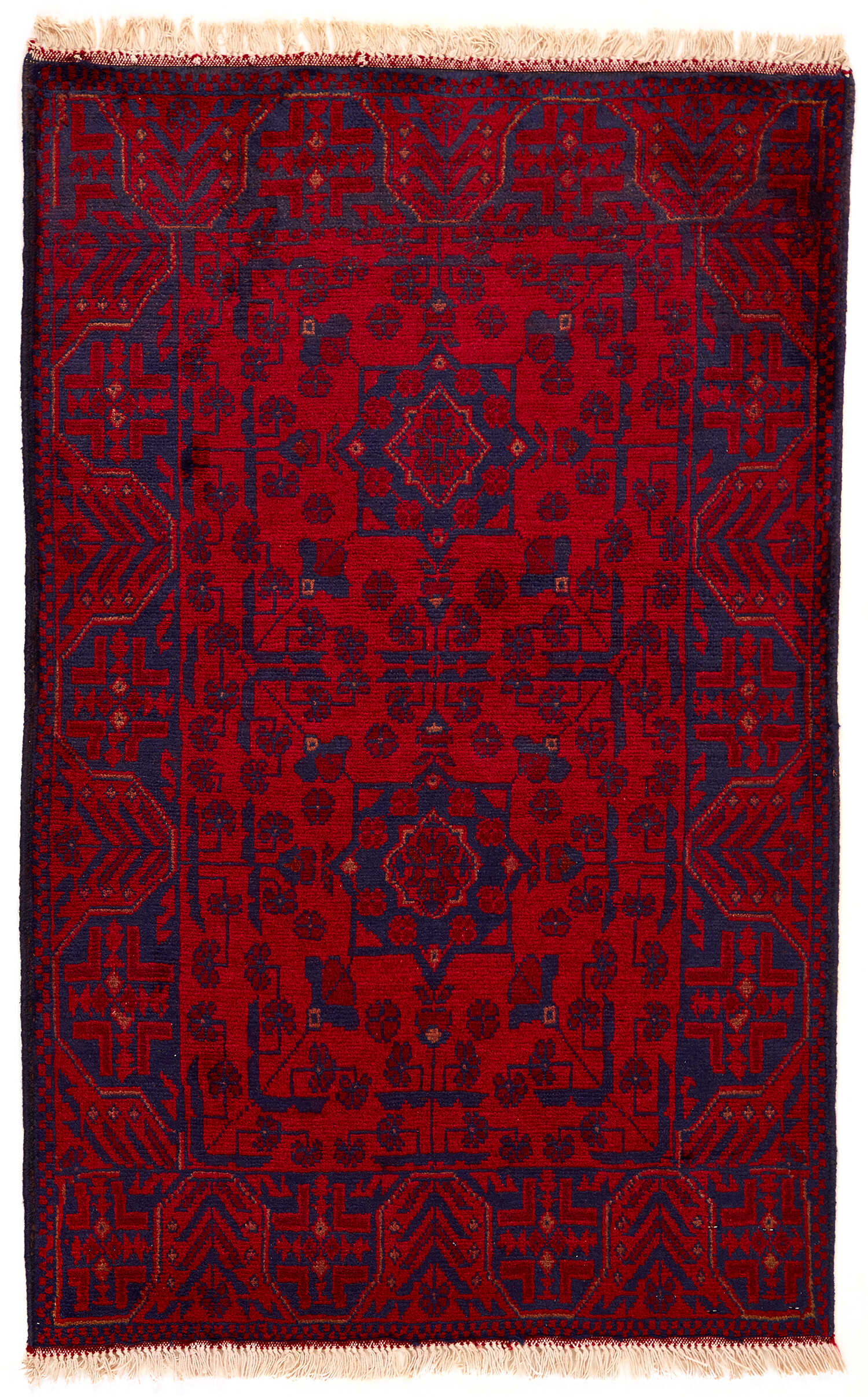 Authentic Oriental rug with traditional geometric tribal design in red