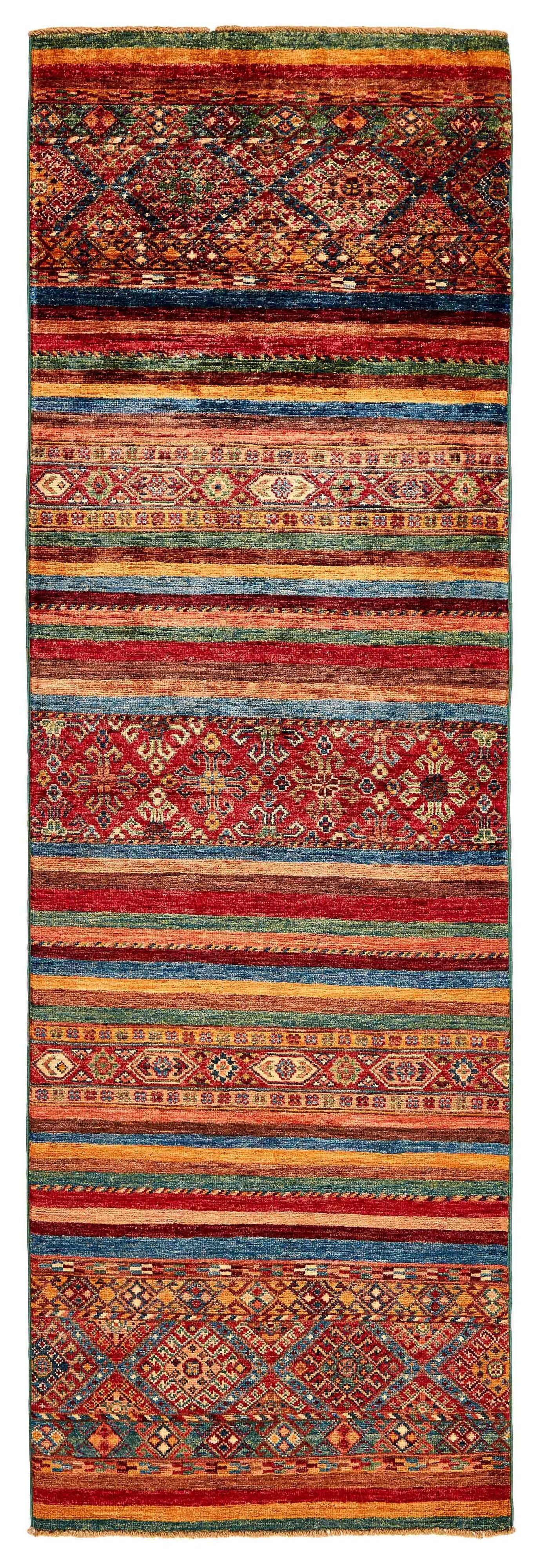 Authentic oriental runner with traditional pattern in red, pink, orange, yellow, blue, green, beige and brown