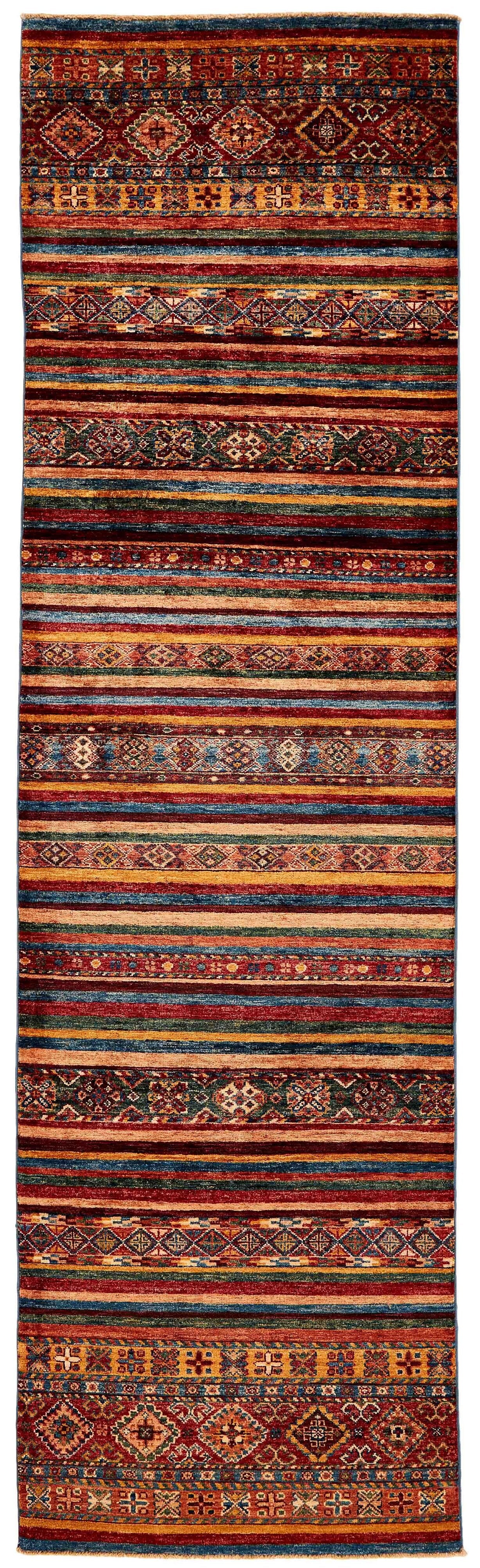 Authentic oriental runner with traditional pattern in red, pink, orange, yellow, blue, green, beige and brown