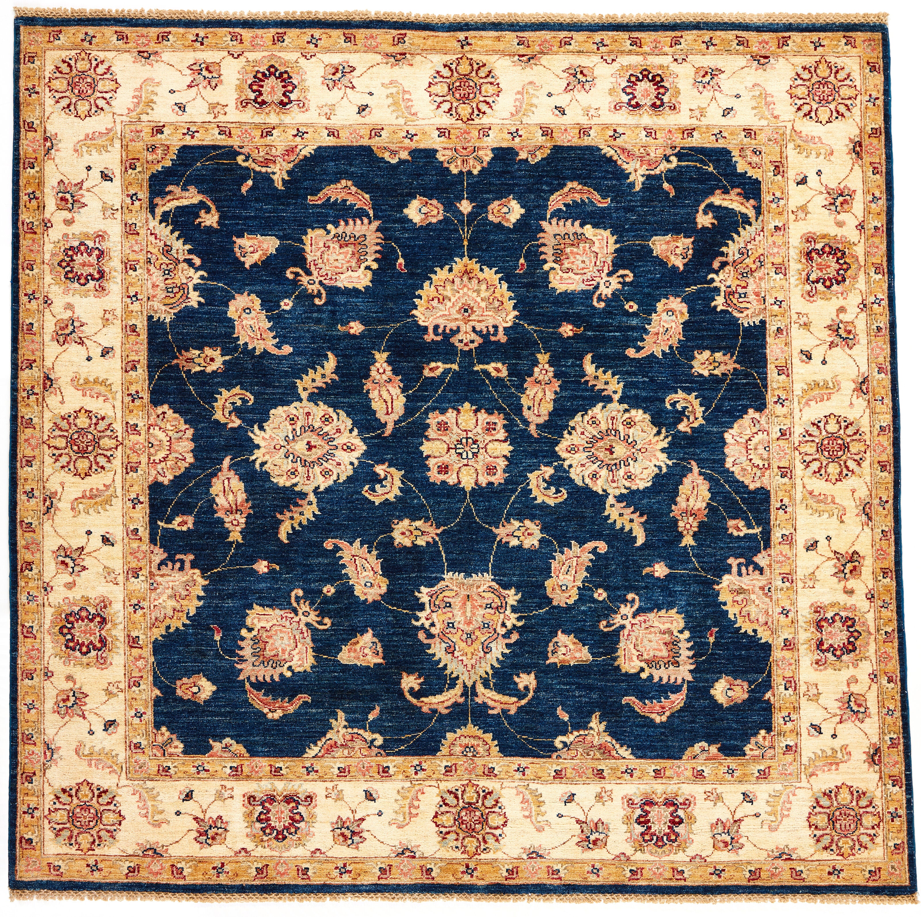 square oriental rug with blue and beige floral pattern