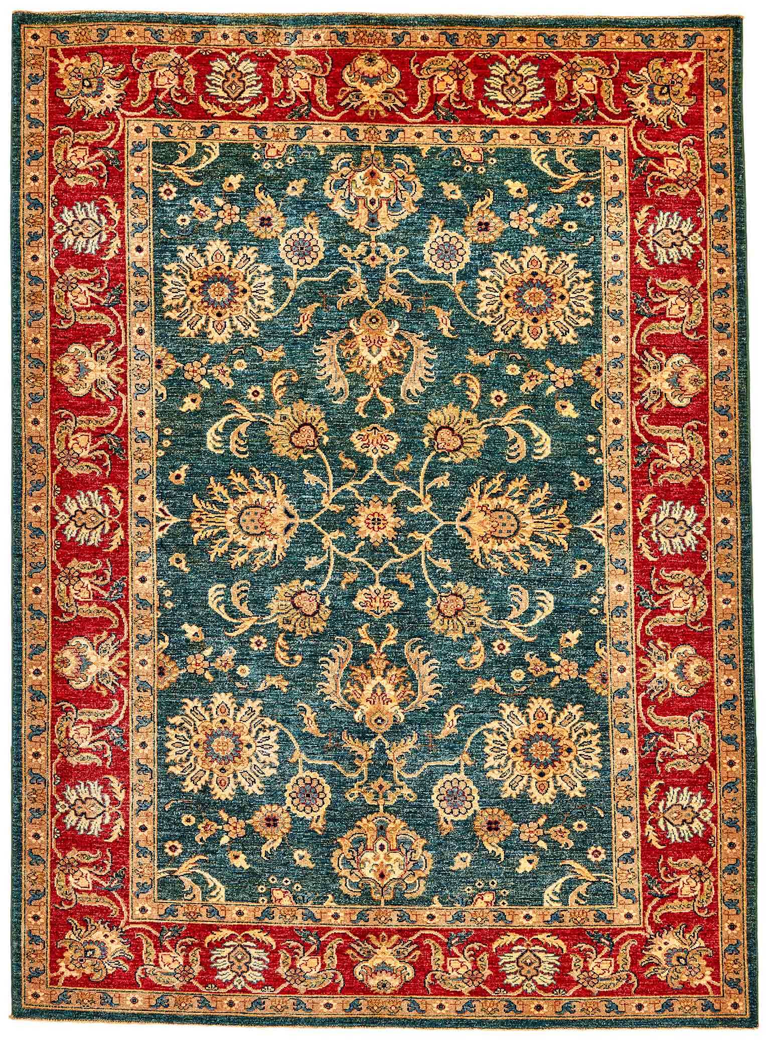oriental rug with beige, blue and red floral pattern