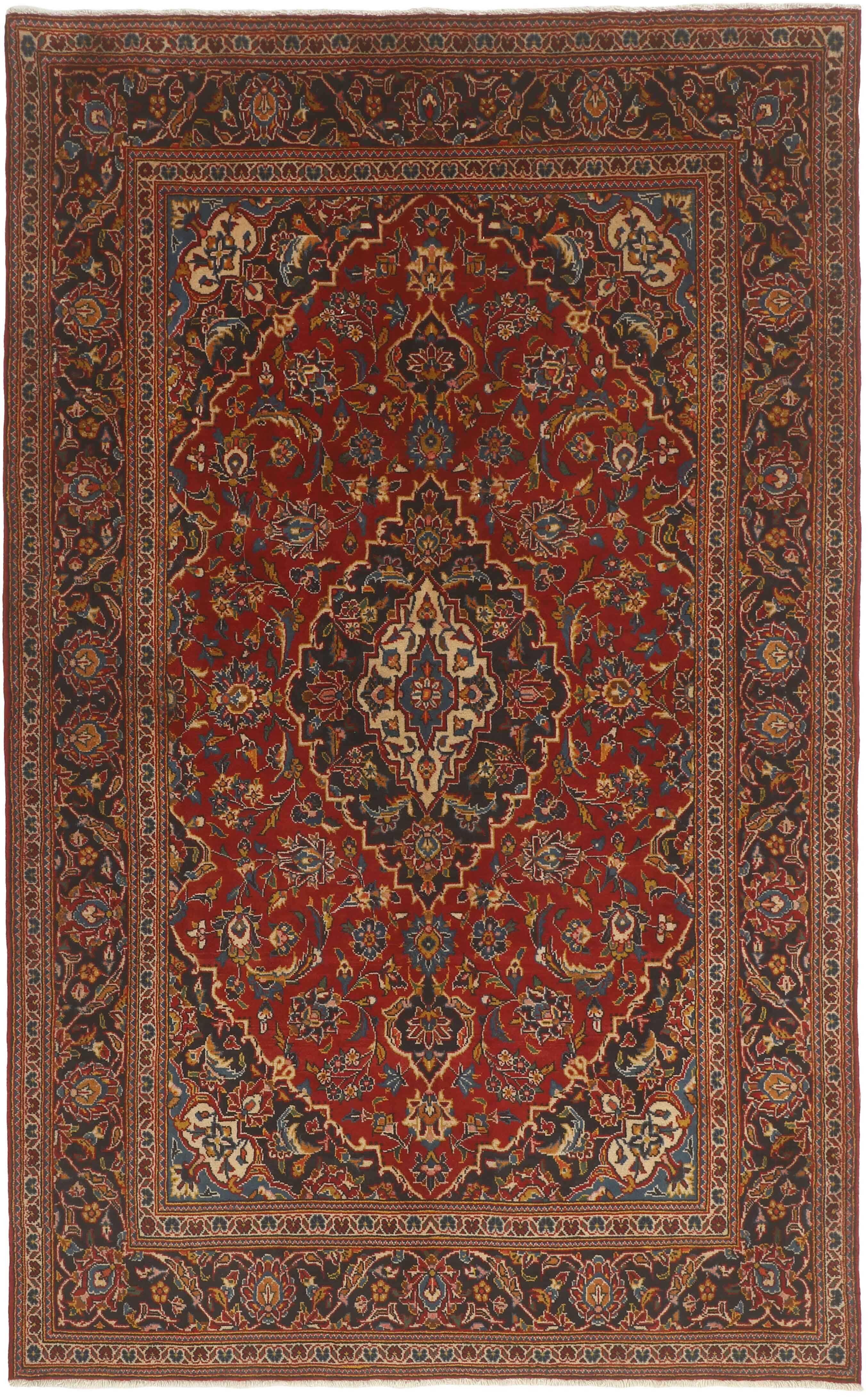 Authentic persian rug with traditional floral design in red and blue