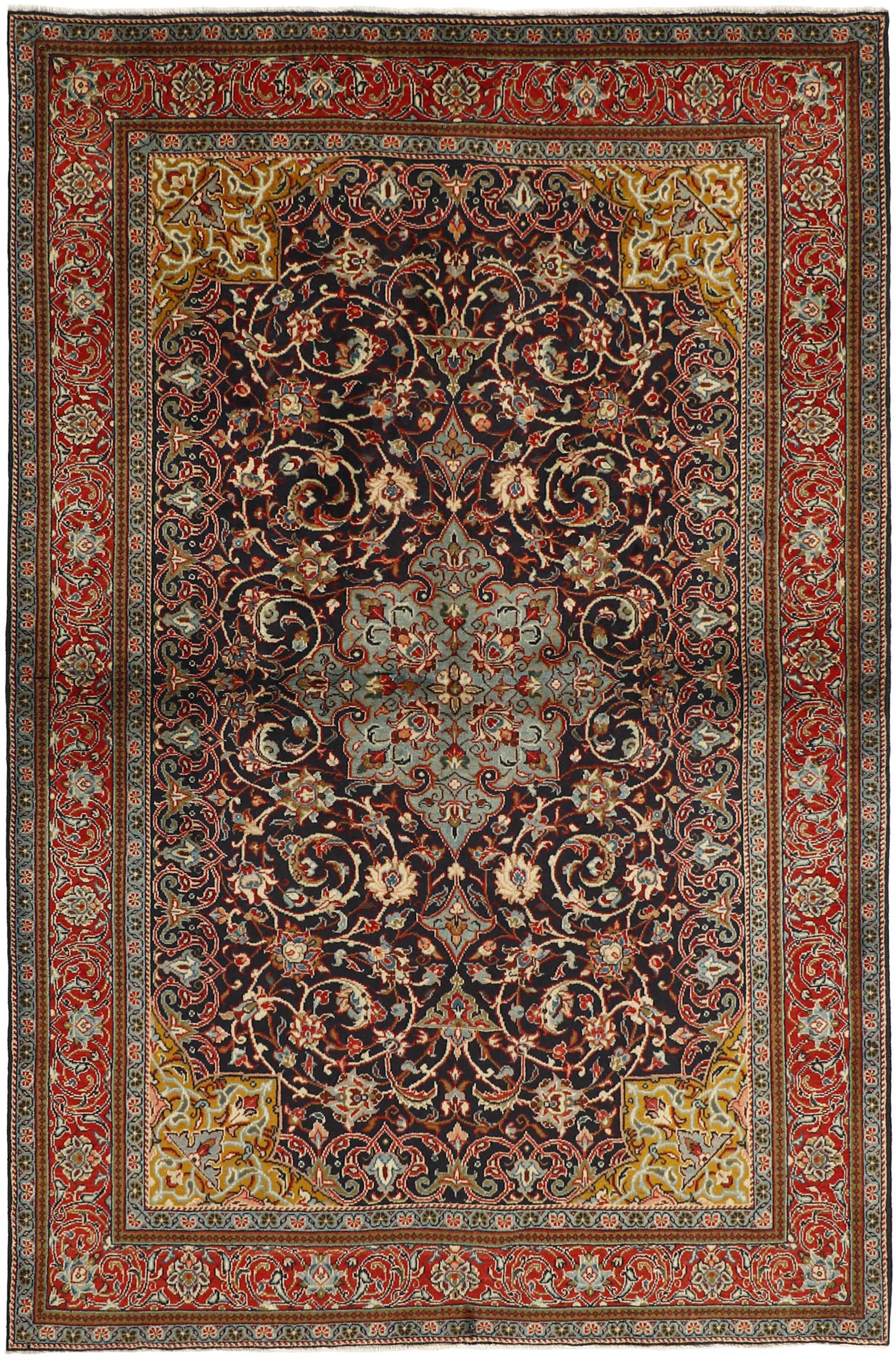 Authentic persian rug with traditional floral design in red, blue and cream
