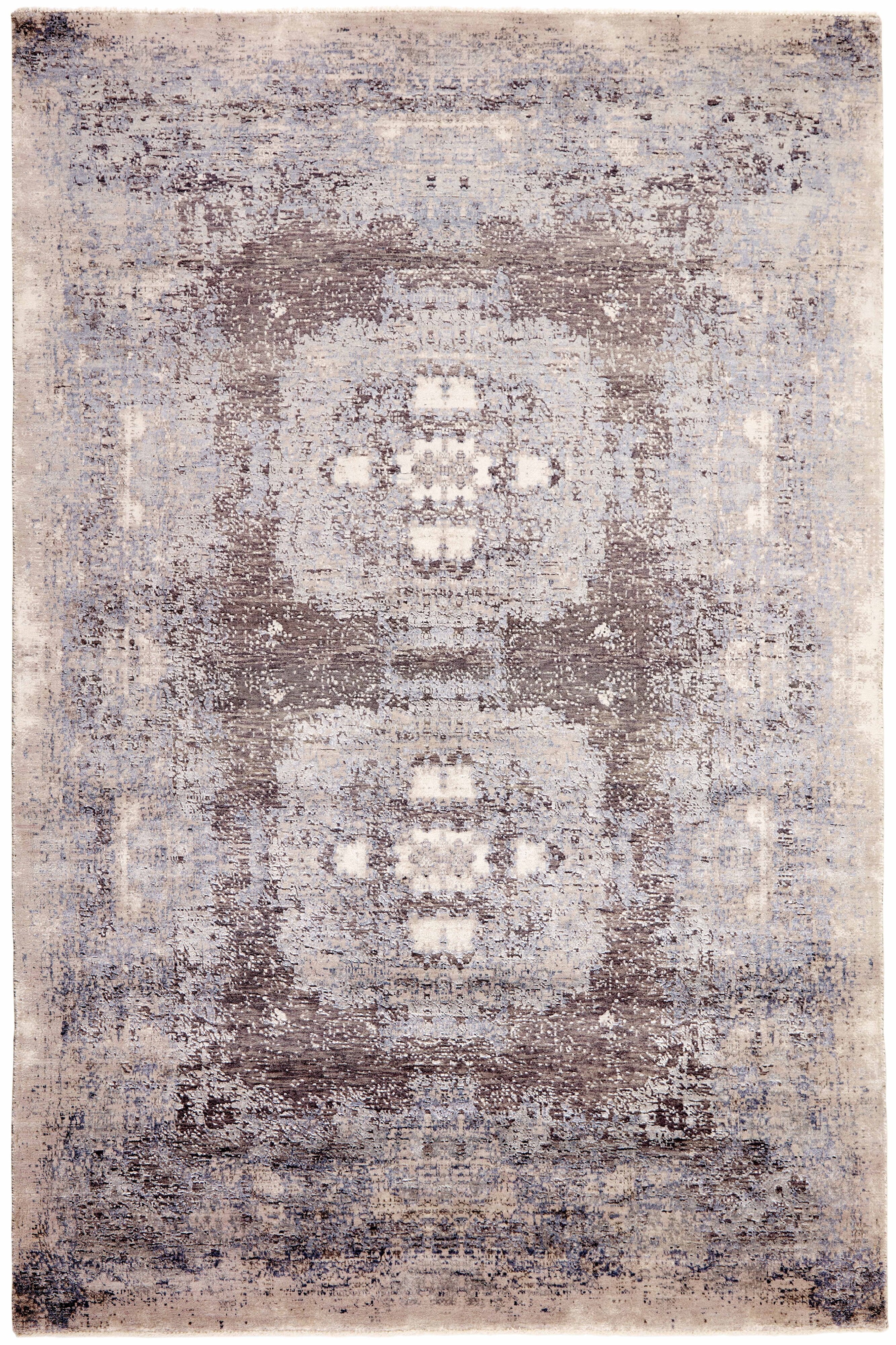 Large area rug with abstract design in grey, beige and red