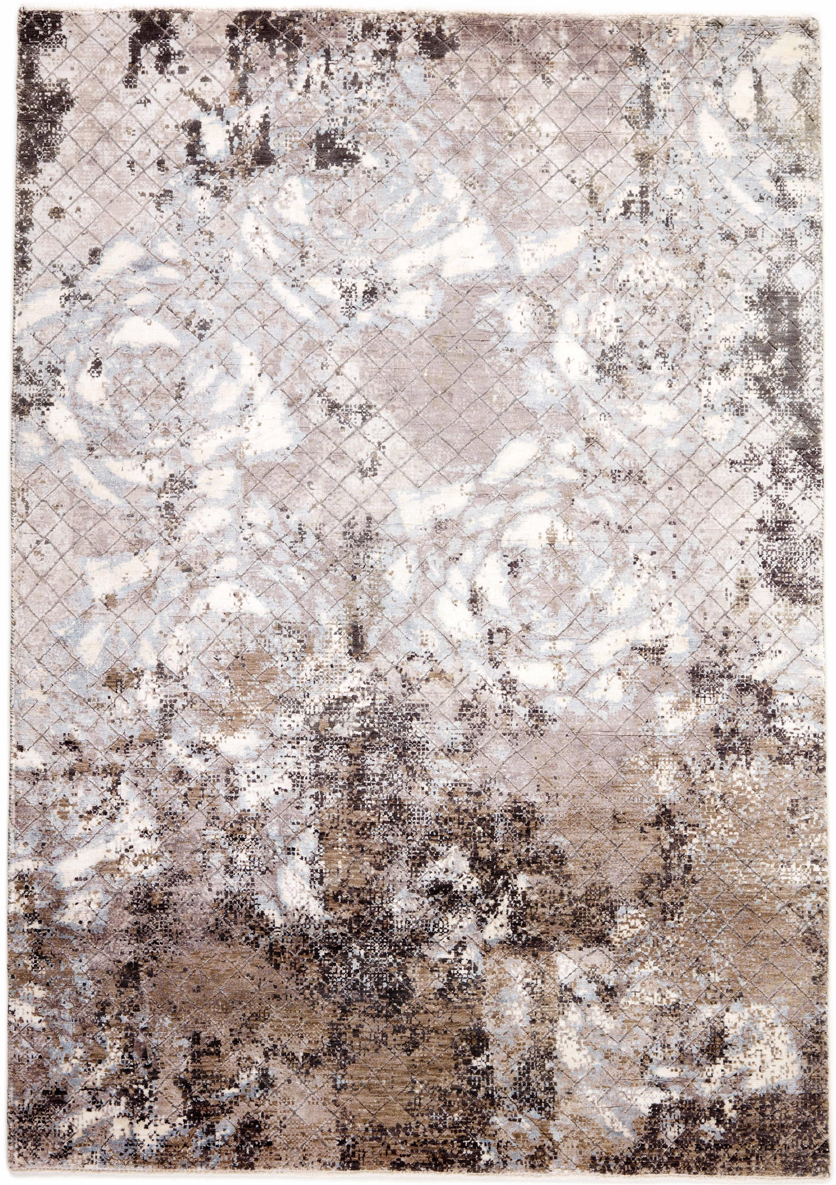 Large area rug with abstract design in grey, beige and red
