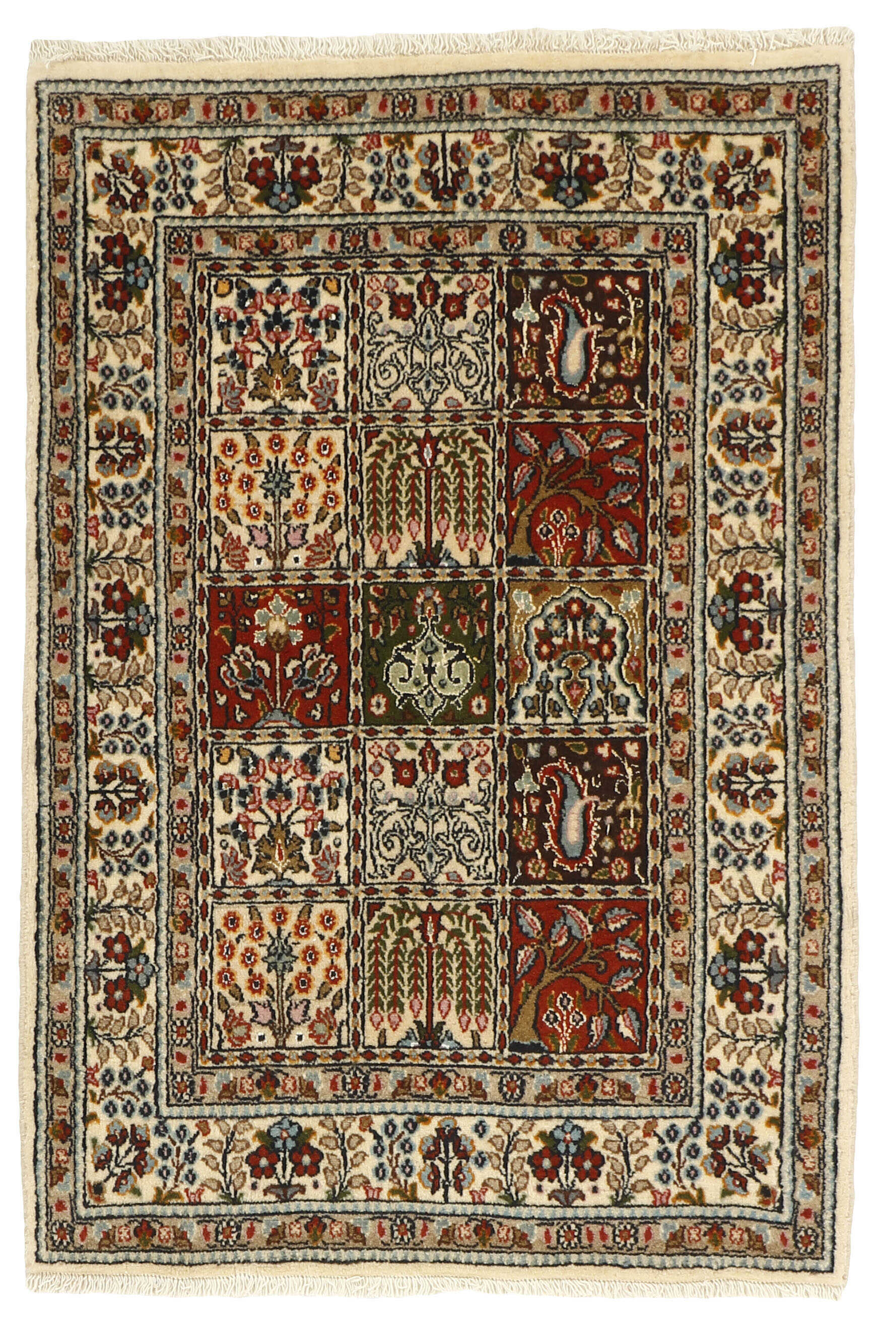 authentic persian rug with floral pattern in beige, blue and red