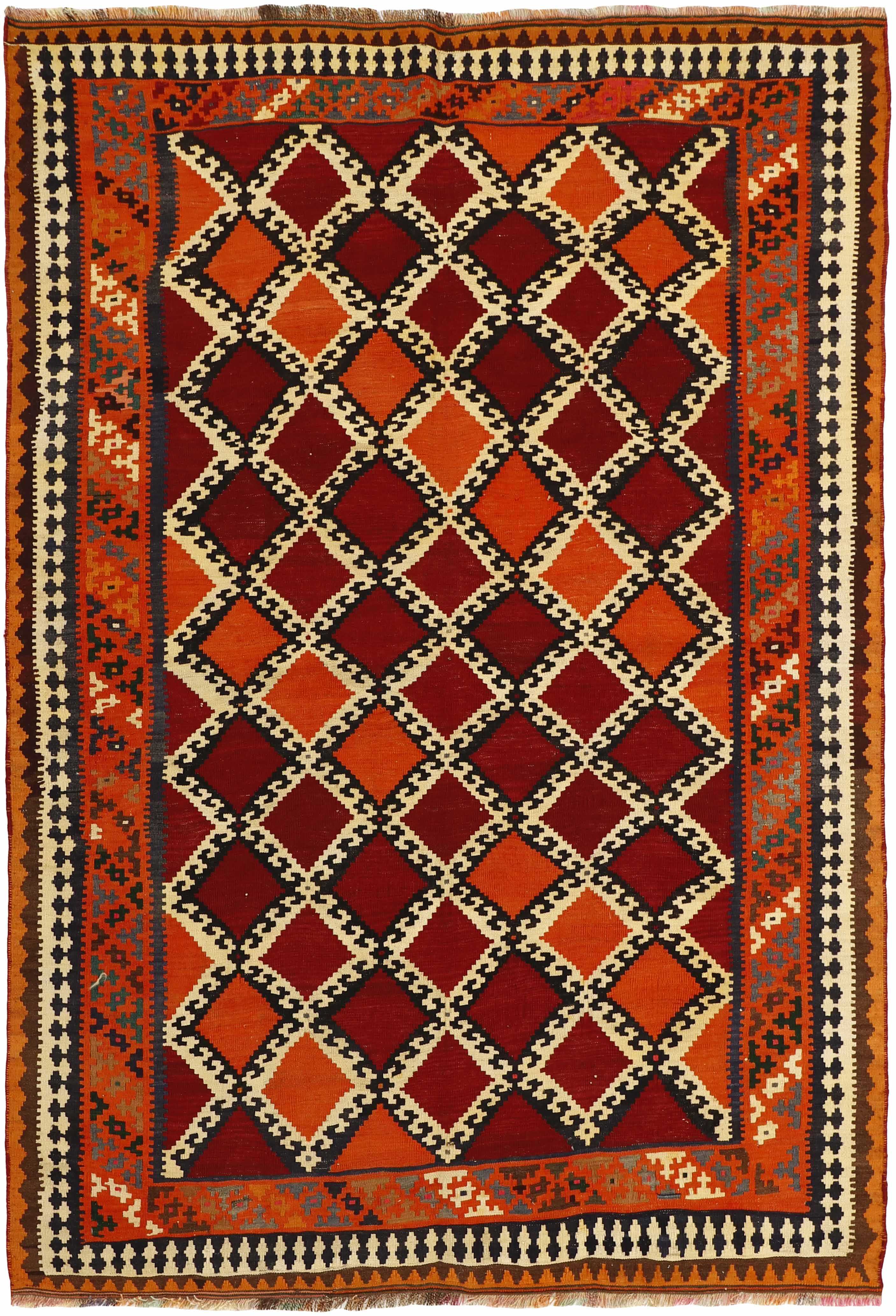 Authentic persian kelim flatweave rug with traditional stripe design in red, blue and black