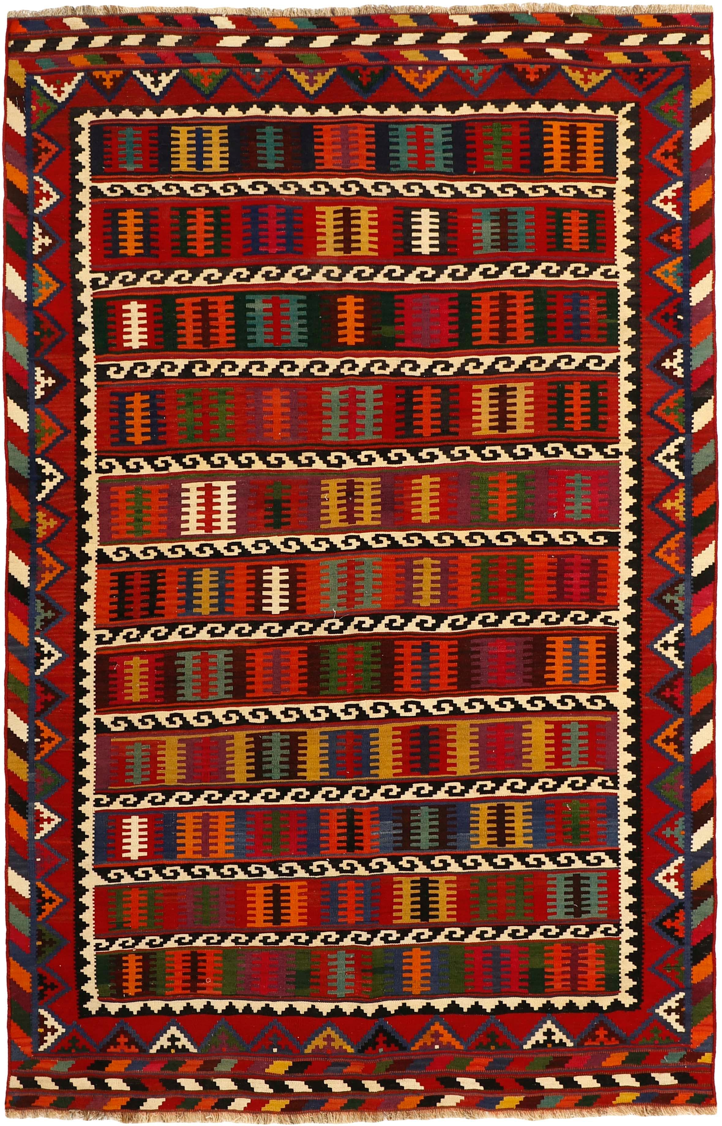 Authentic persian kelim flatweave rug with traditional stripe design in red, beige, brown and black