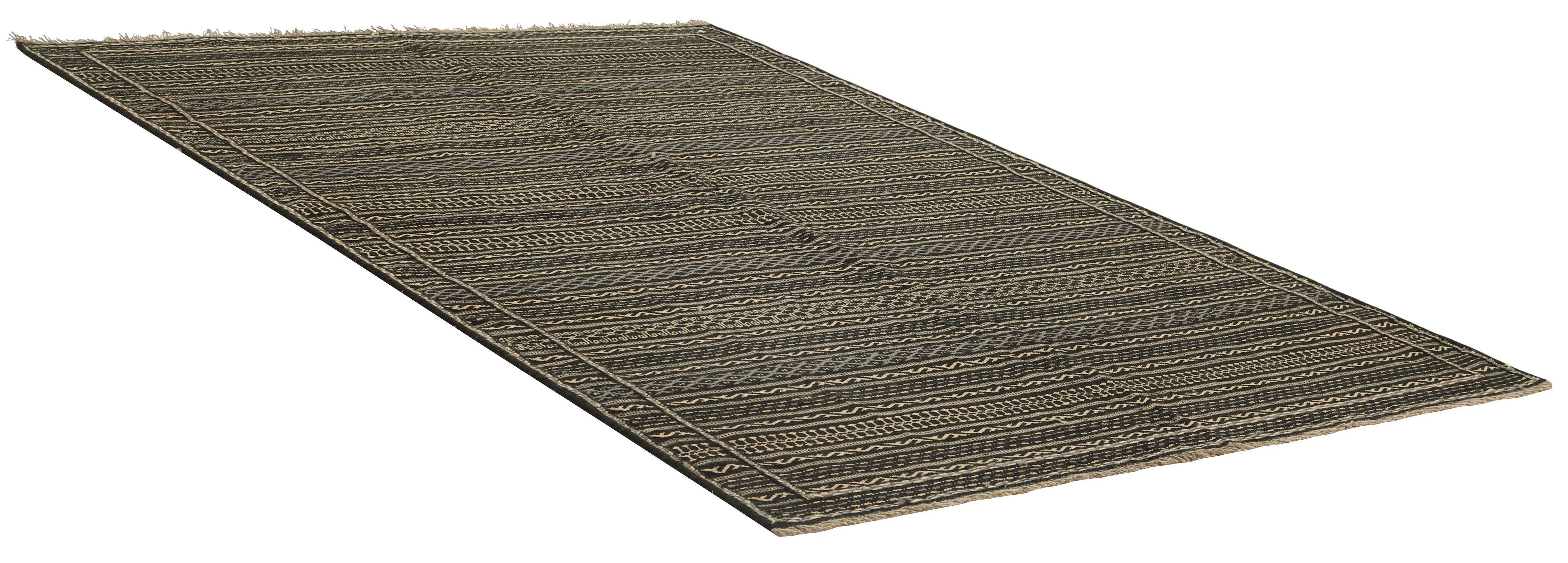 Authentic persian kelim flatweave rug with traditional geometric design in black and beige