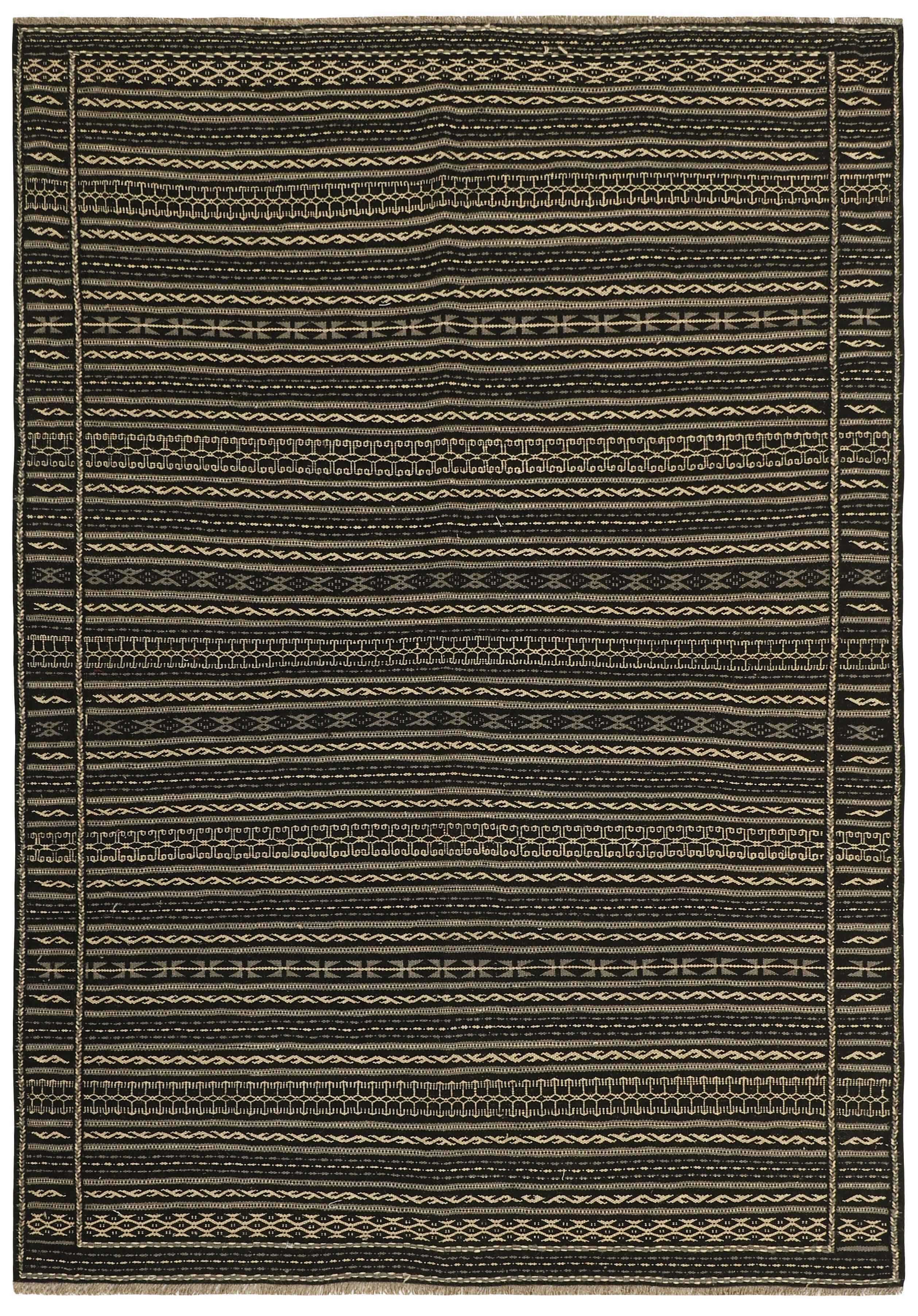 Authentic persian kelim flatweave rug with traditional geometric design in black and beige