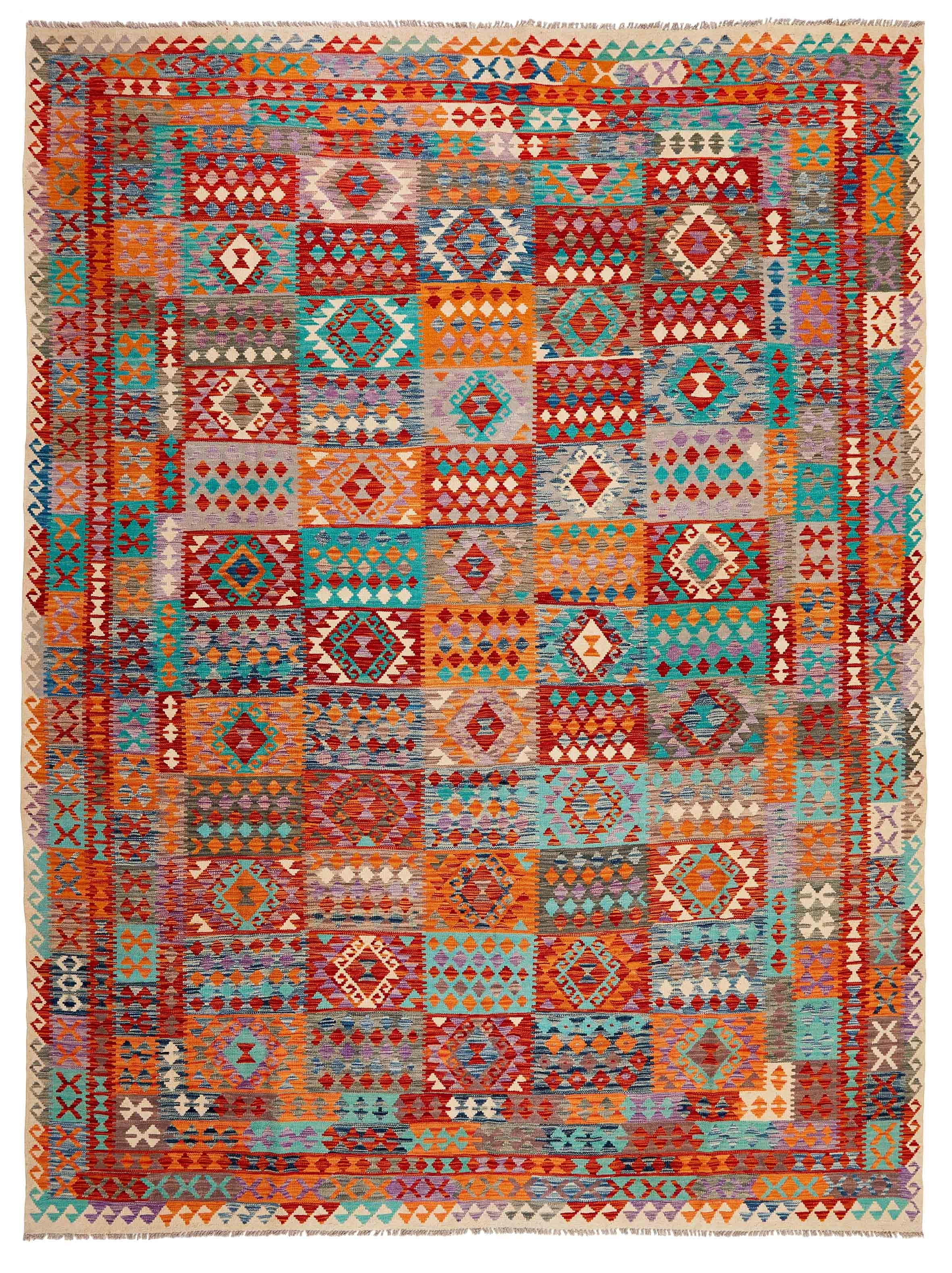 Oriental kelim flatweave rug with a geometric design in red, pink, orange, yellow, blue, green, purple, beige, brown and black