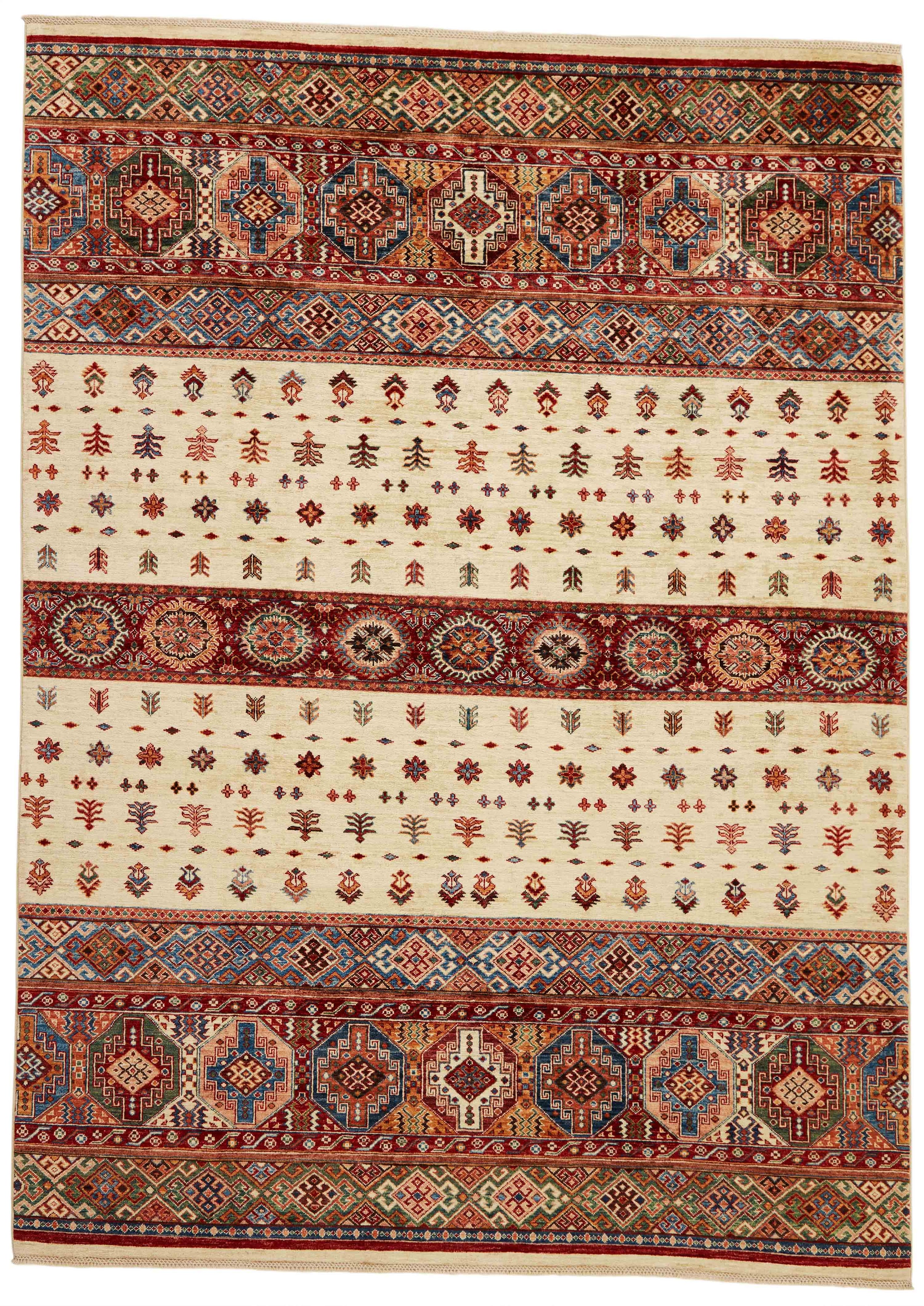 Authentic oriental rug with traditional tile pattern in red, orange, yellow, blue, green, beige and brown