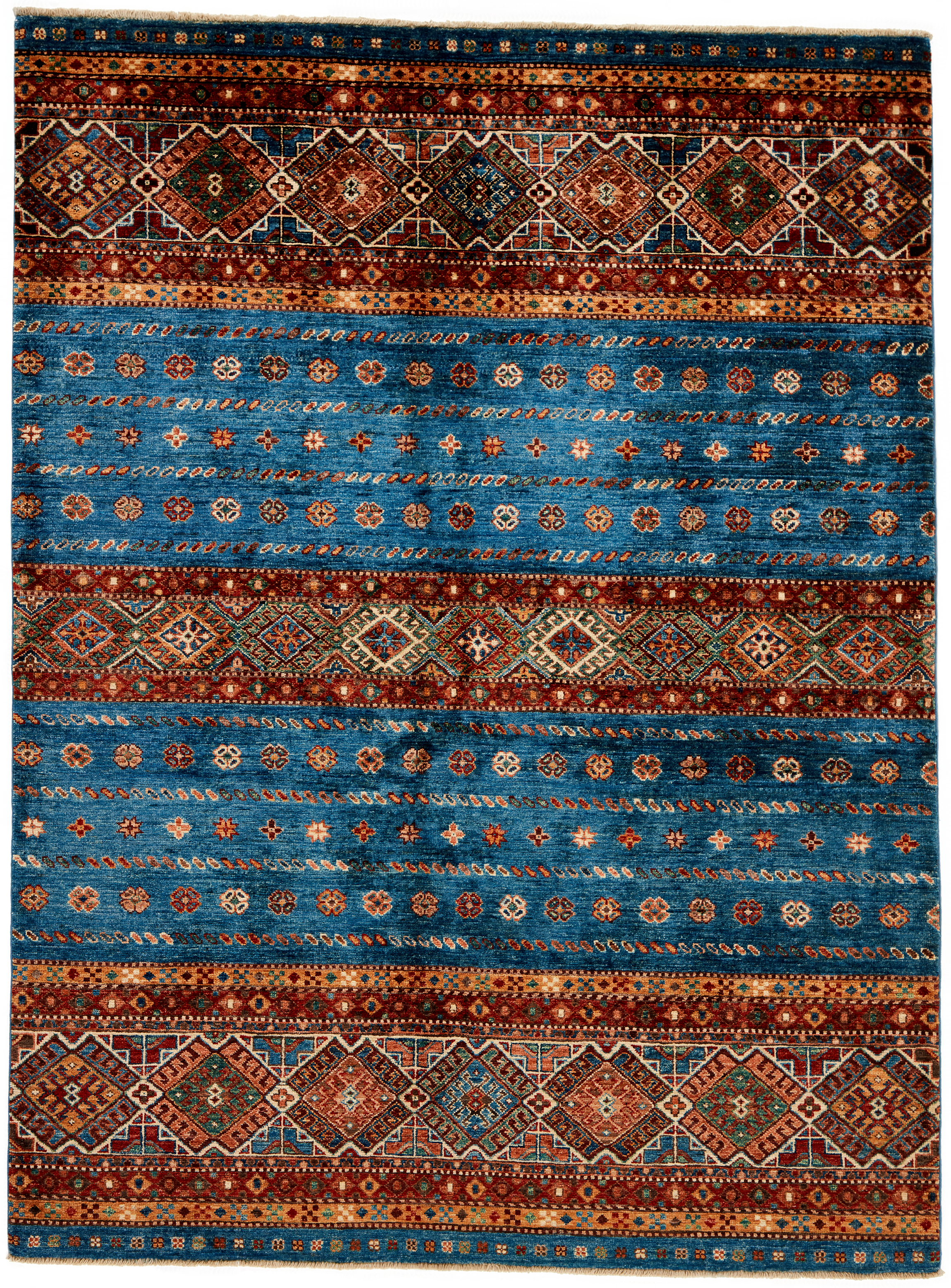Authentic oriental rug with traditional tile pattern in red, pink, orange, yellow, blue, green, beige and brown