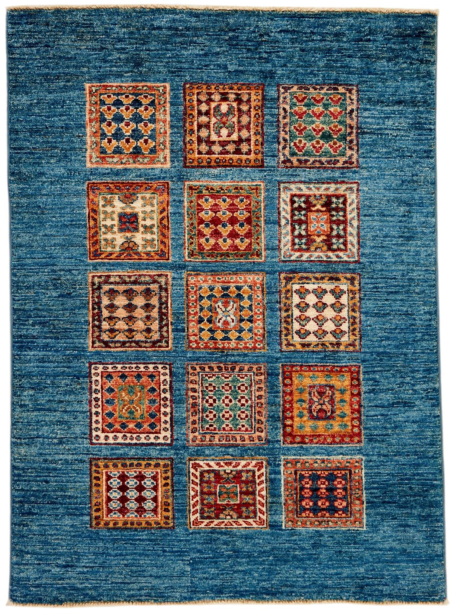 Authentic oriental rug with traditional tile pattern in red, yellow and blue