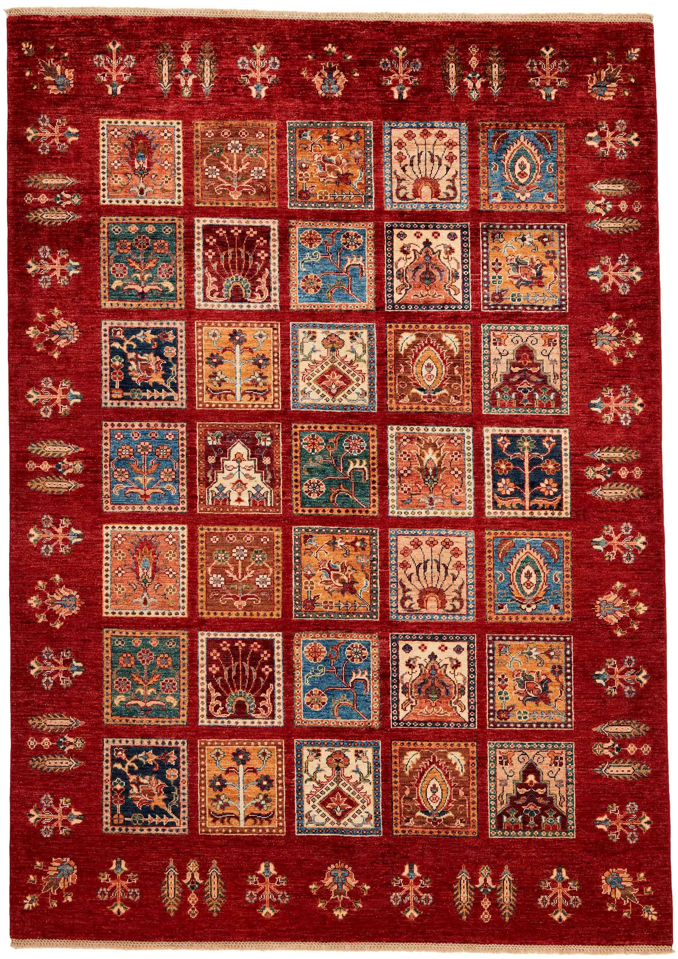 Authentic oriental rug with traditional tile pattern in red, yellow and blue