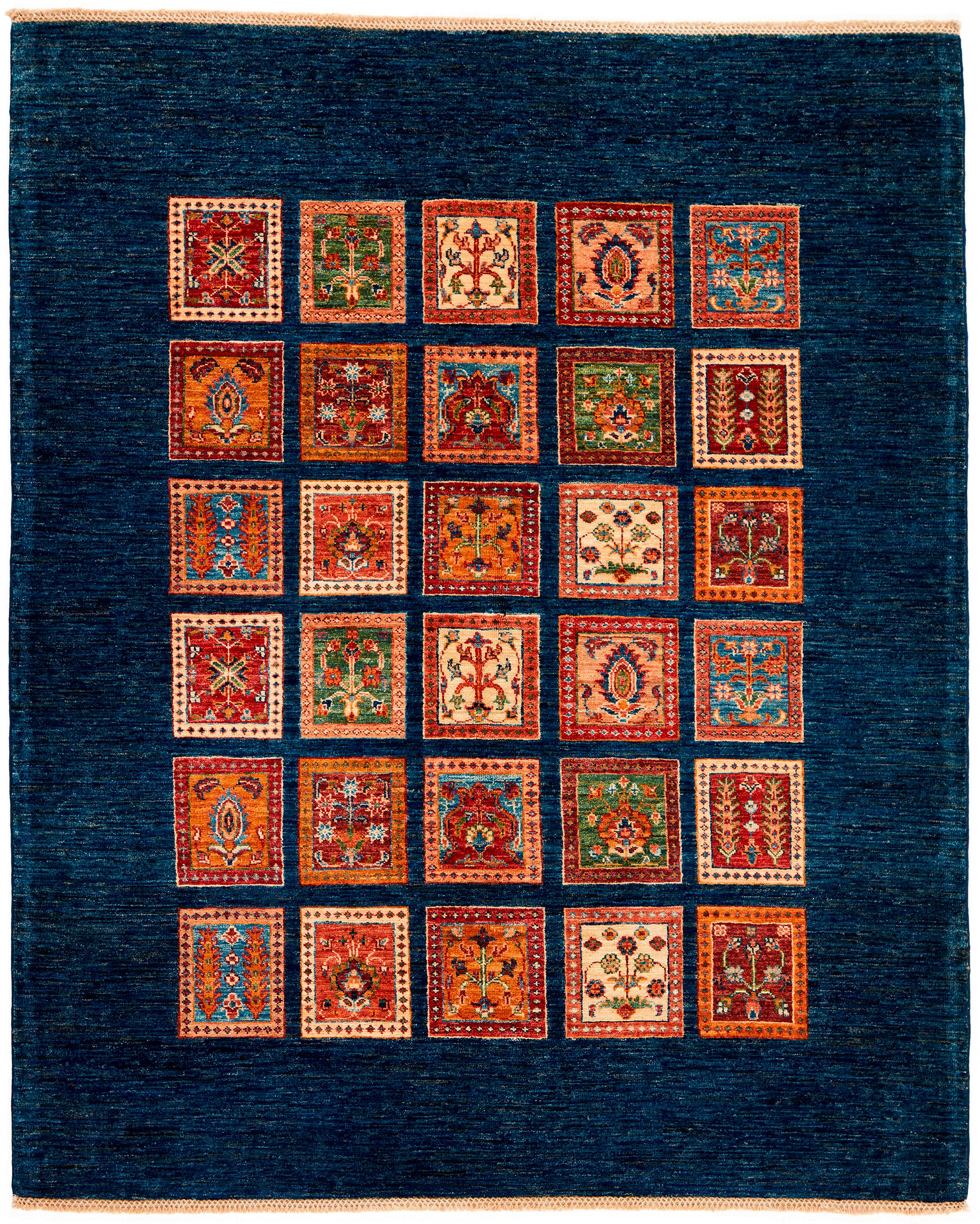 Authentic oriental rug with traditional tile pattern in red, yellow, blue, green, beige and brown