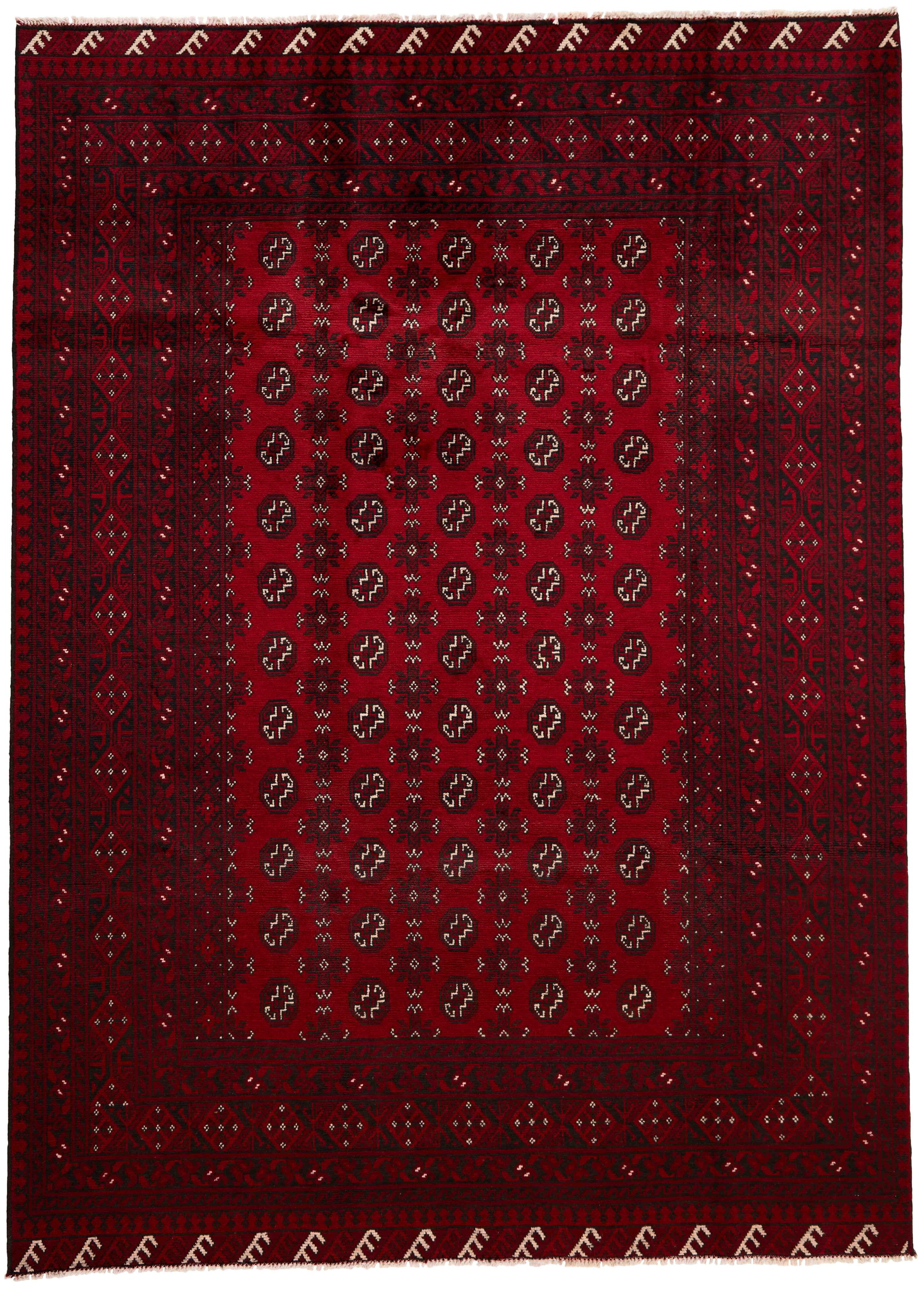 Red oriental rug with traditional Elephant's foot pattern