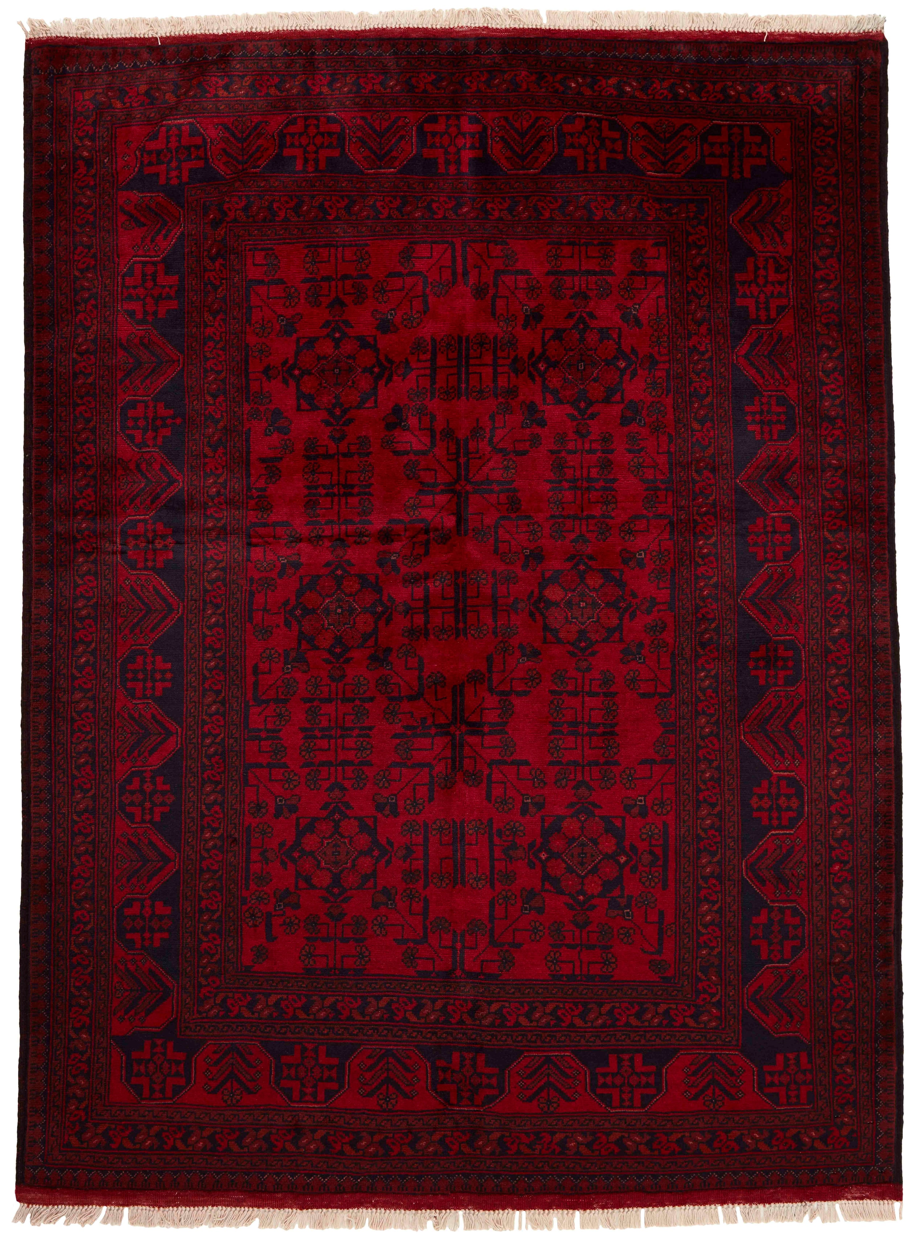 Authentic Oriental rug with traditional geometric tribal design in red