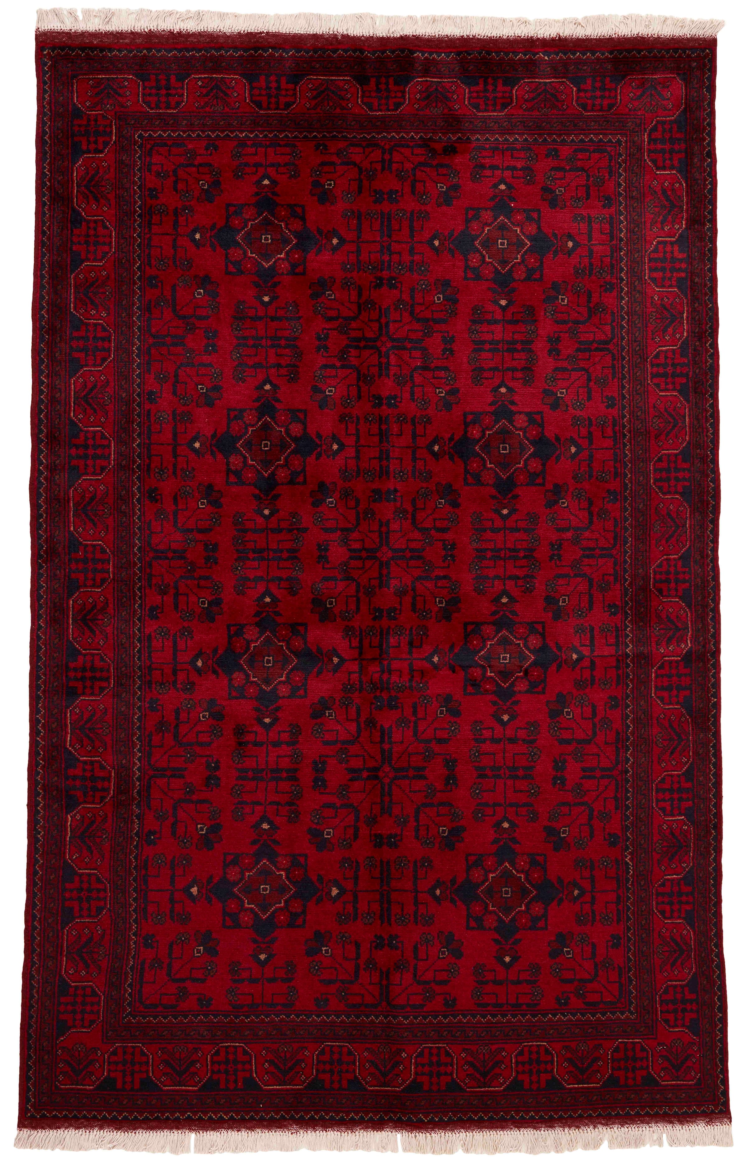 Authentic Oriental rug with traditional geometric tribal design in red