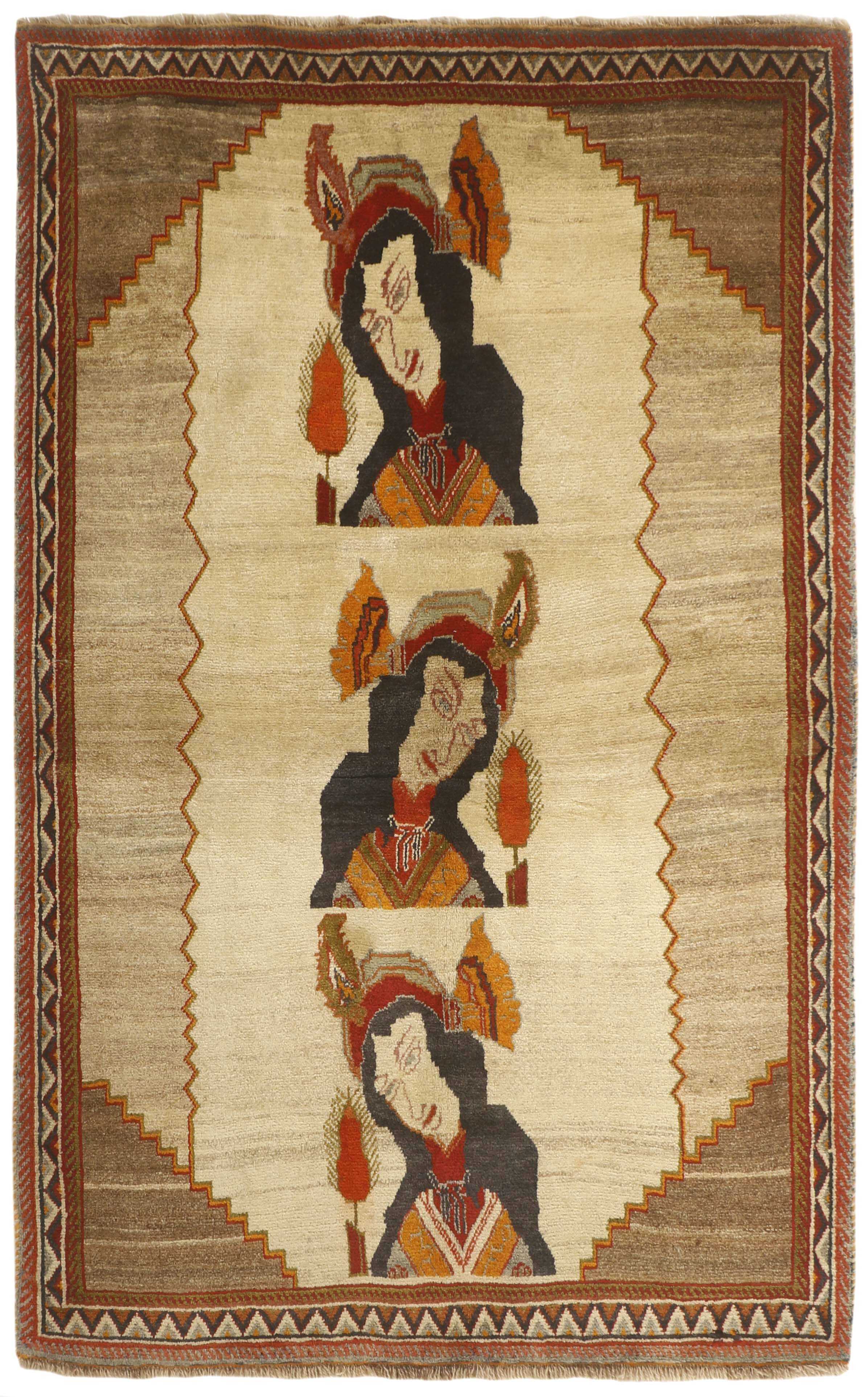 beige persian rug with figural design