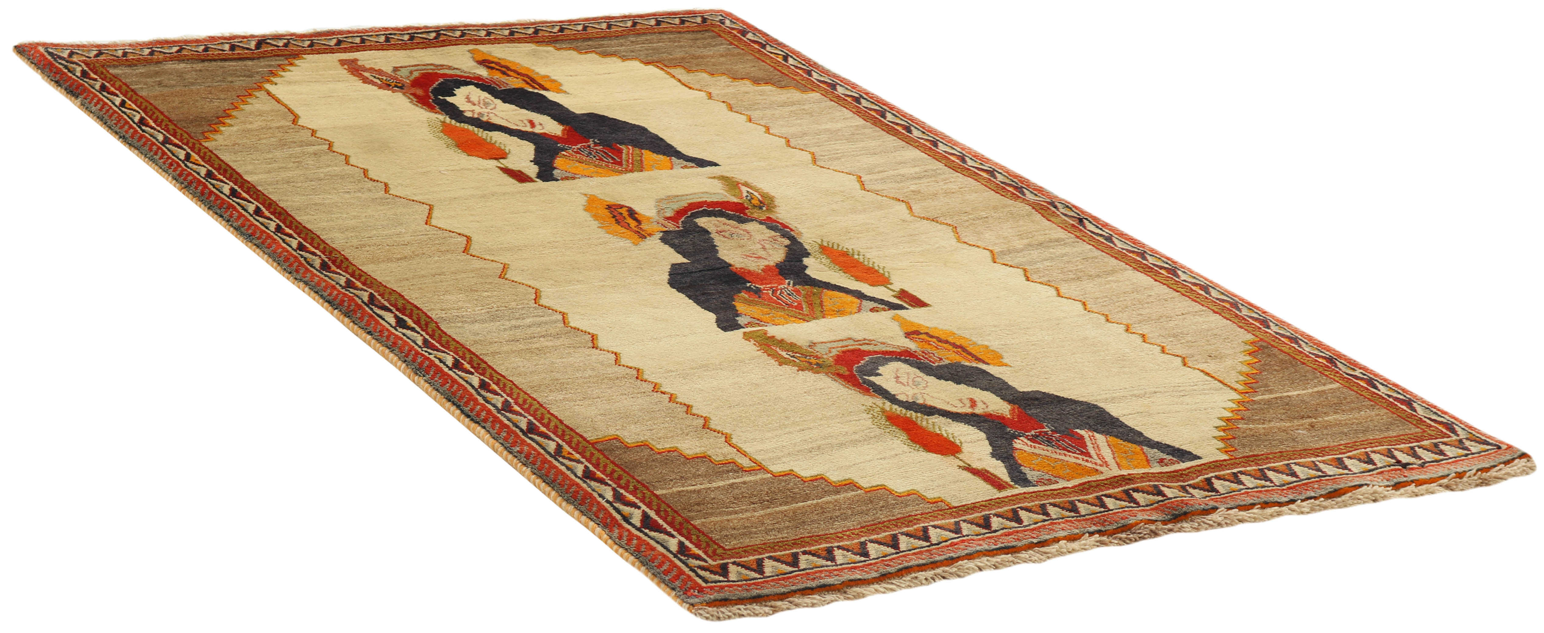 beige persian rug with figural design