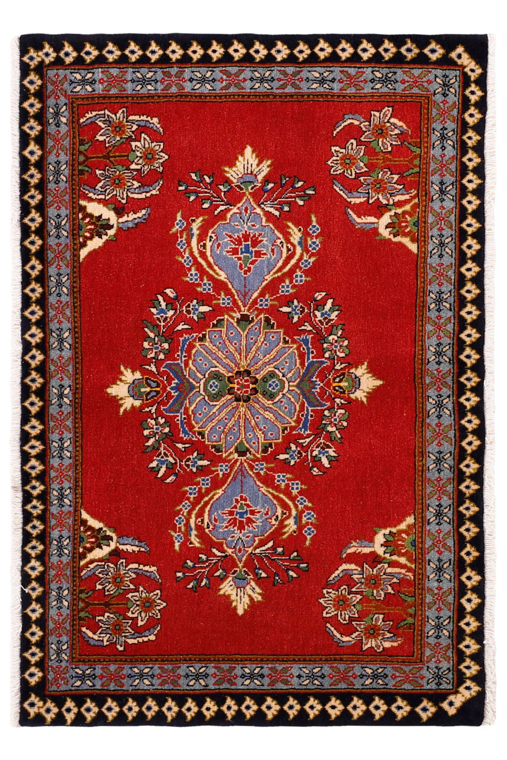 Authentic persian rug with traditional floral design in red and blue