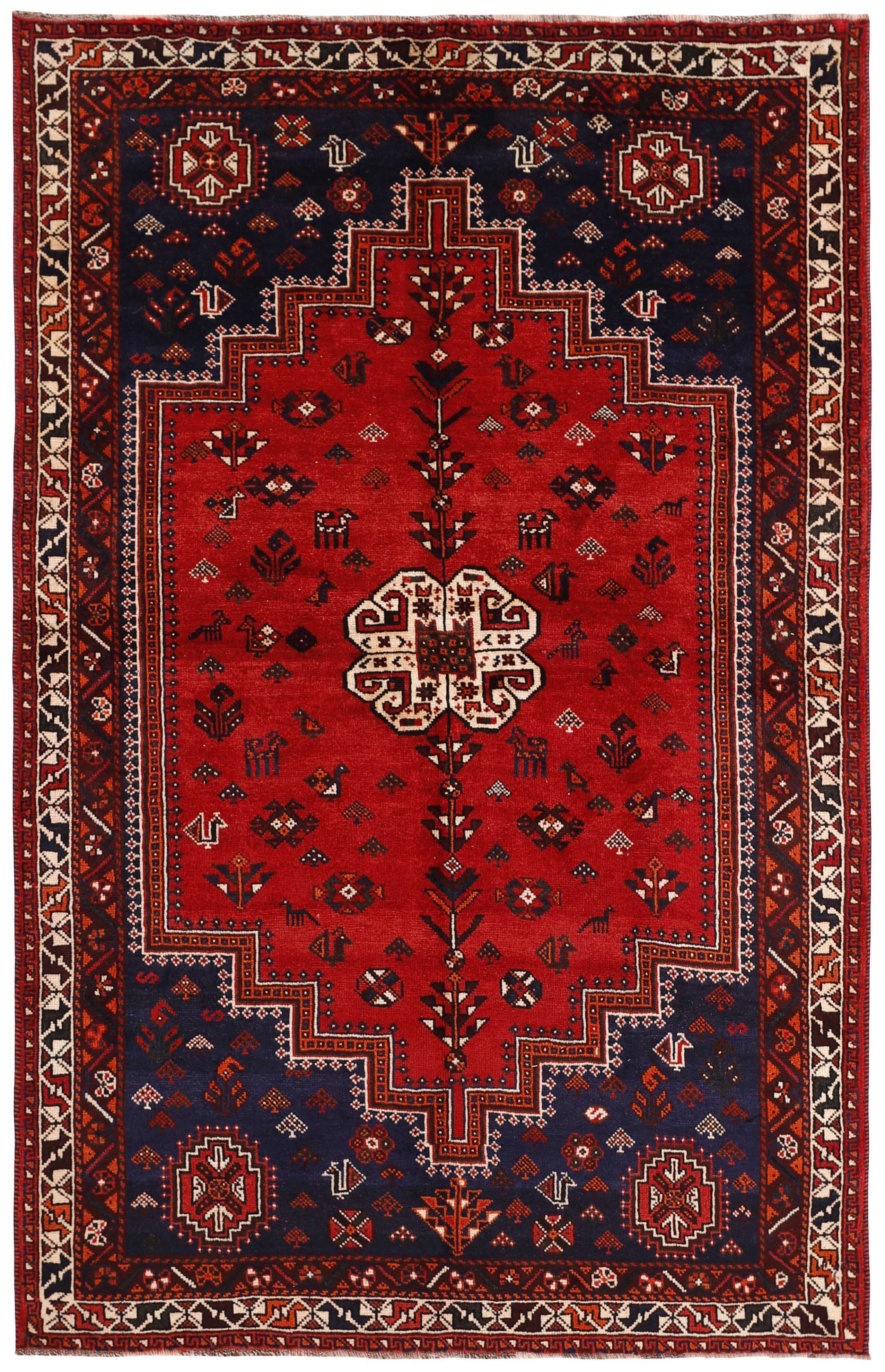 Authentic persian rug with a traditional tribal geometric pattern in red and black