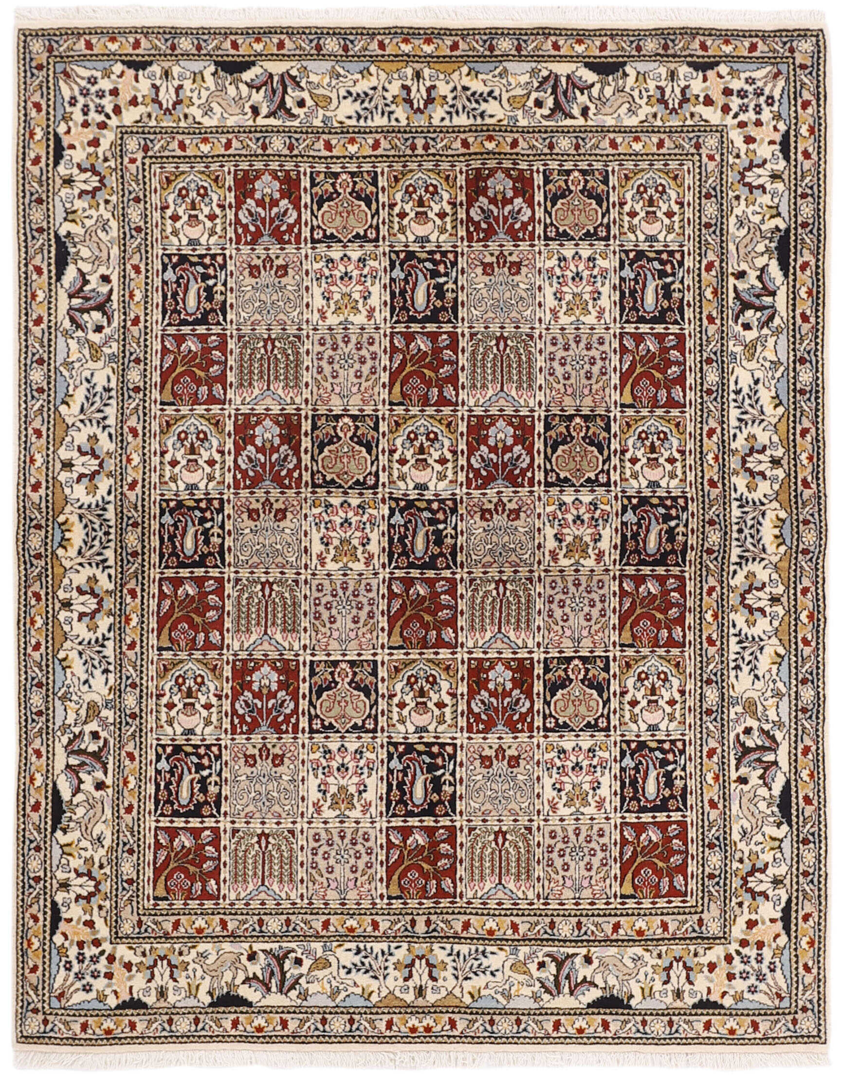 authentic persian rug with floral pattern in beige, blue and red