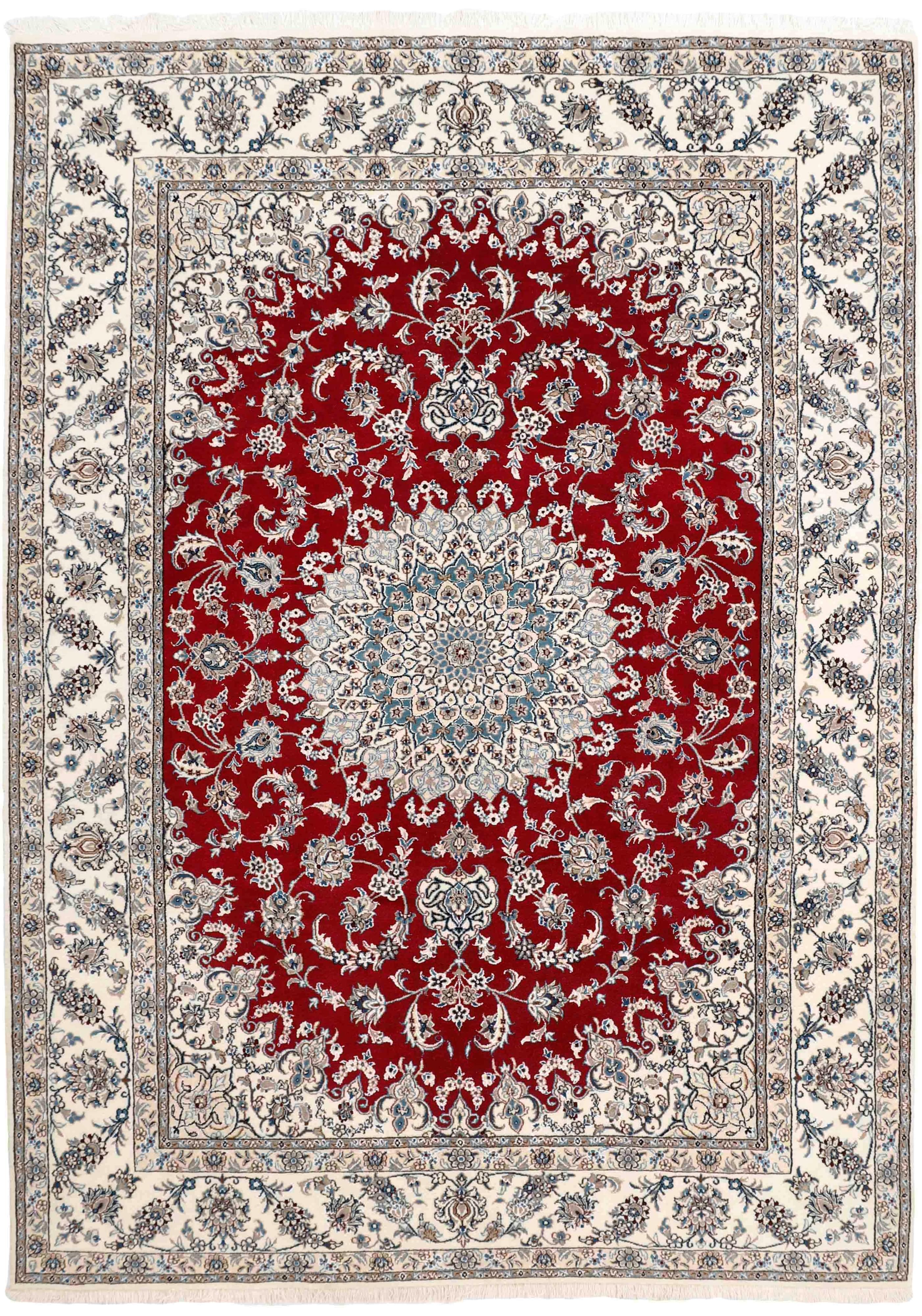 Authentic persian rug with a traditional floral design in red, cream and blue