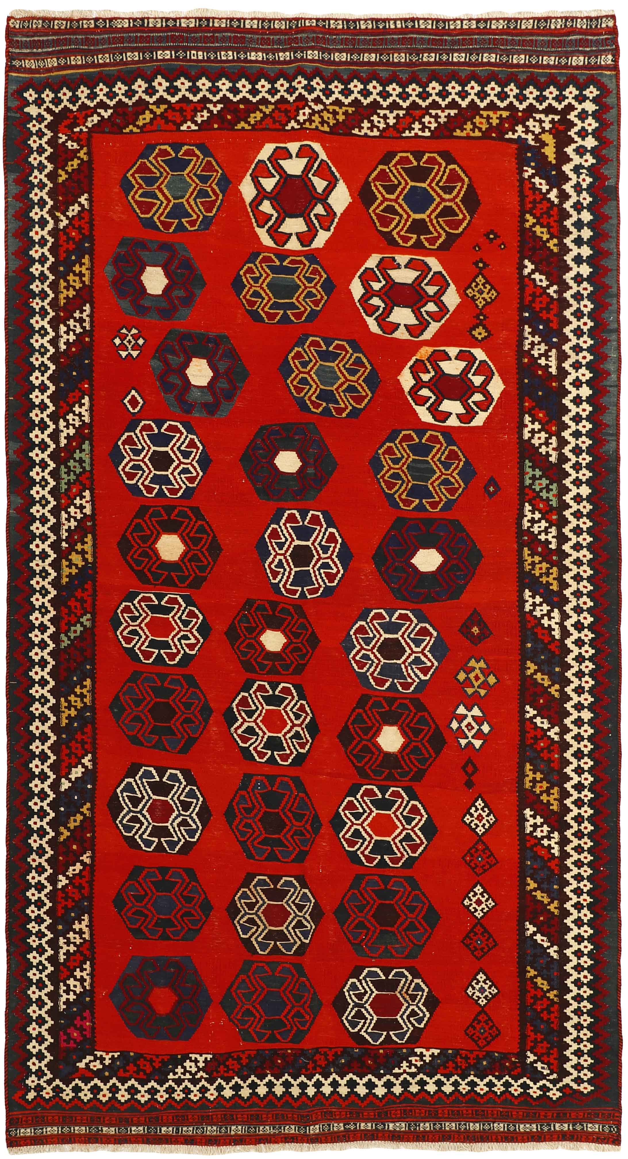 Authentic persian kelim flatweave rug with traditional stripe design in red, blue and black