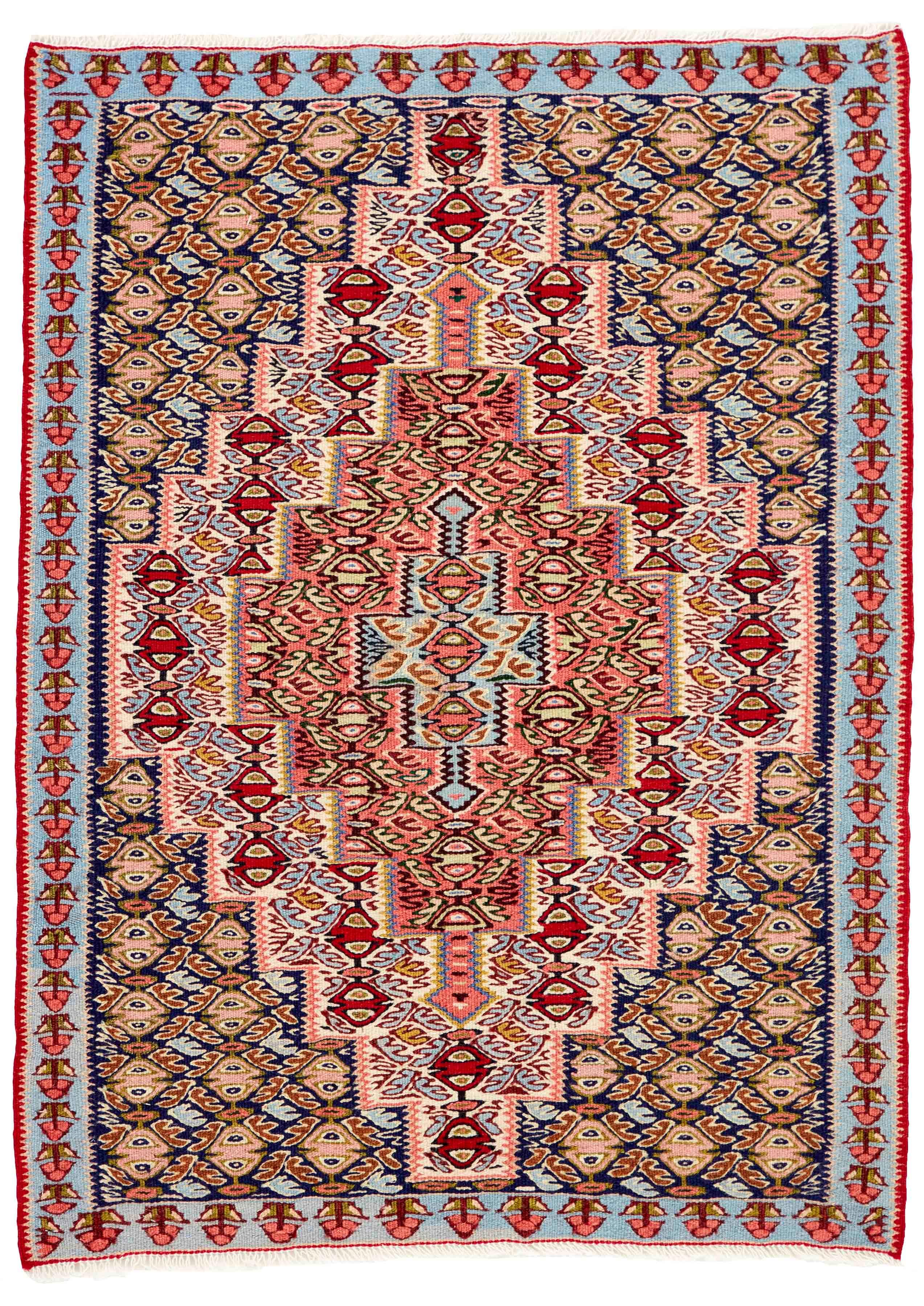 Authentic persian kelim flatweave rug with Traditionalgeometric floral design in beige, red and blue