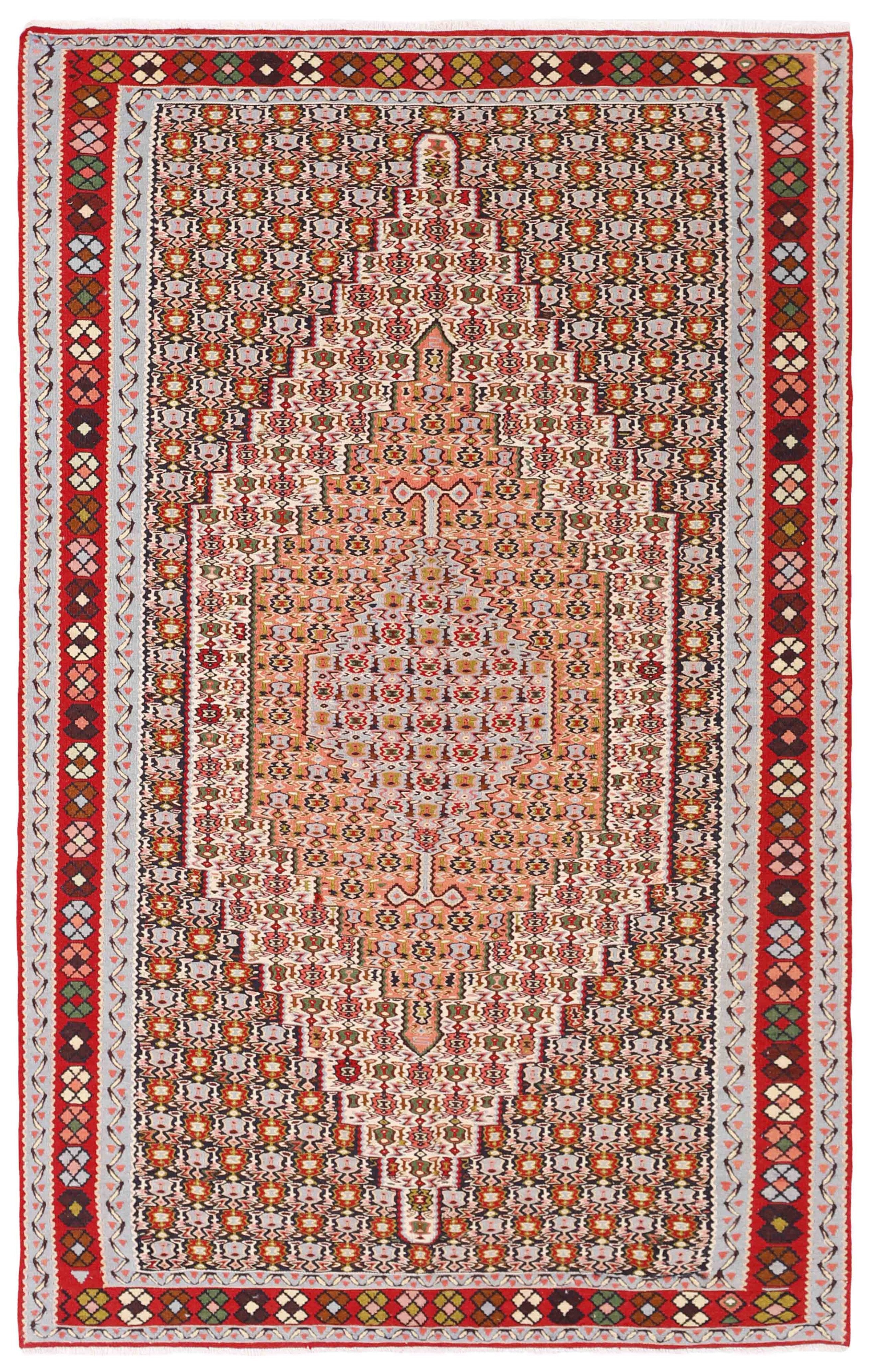 Authentic persian kelim flatweave rug with traditional geometric floral design in beige, red and blue