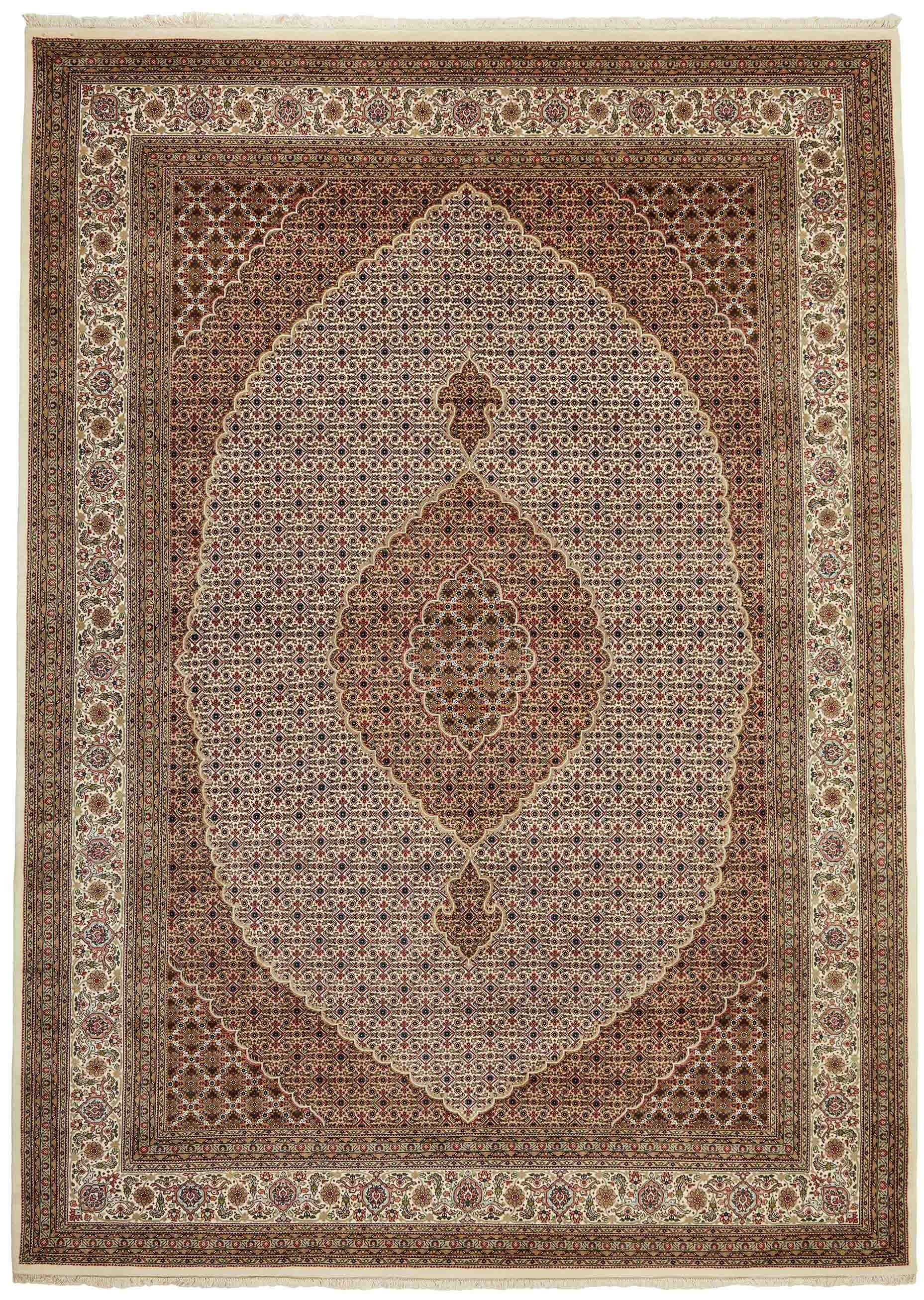 Authentic Oriental rug with traditional geometric and floral design in red, grey, black and beige.