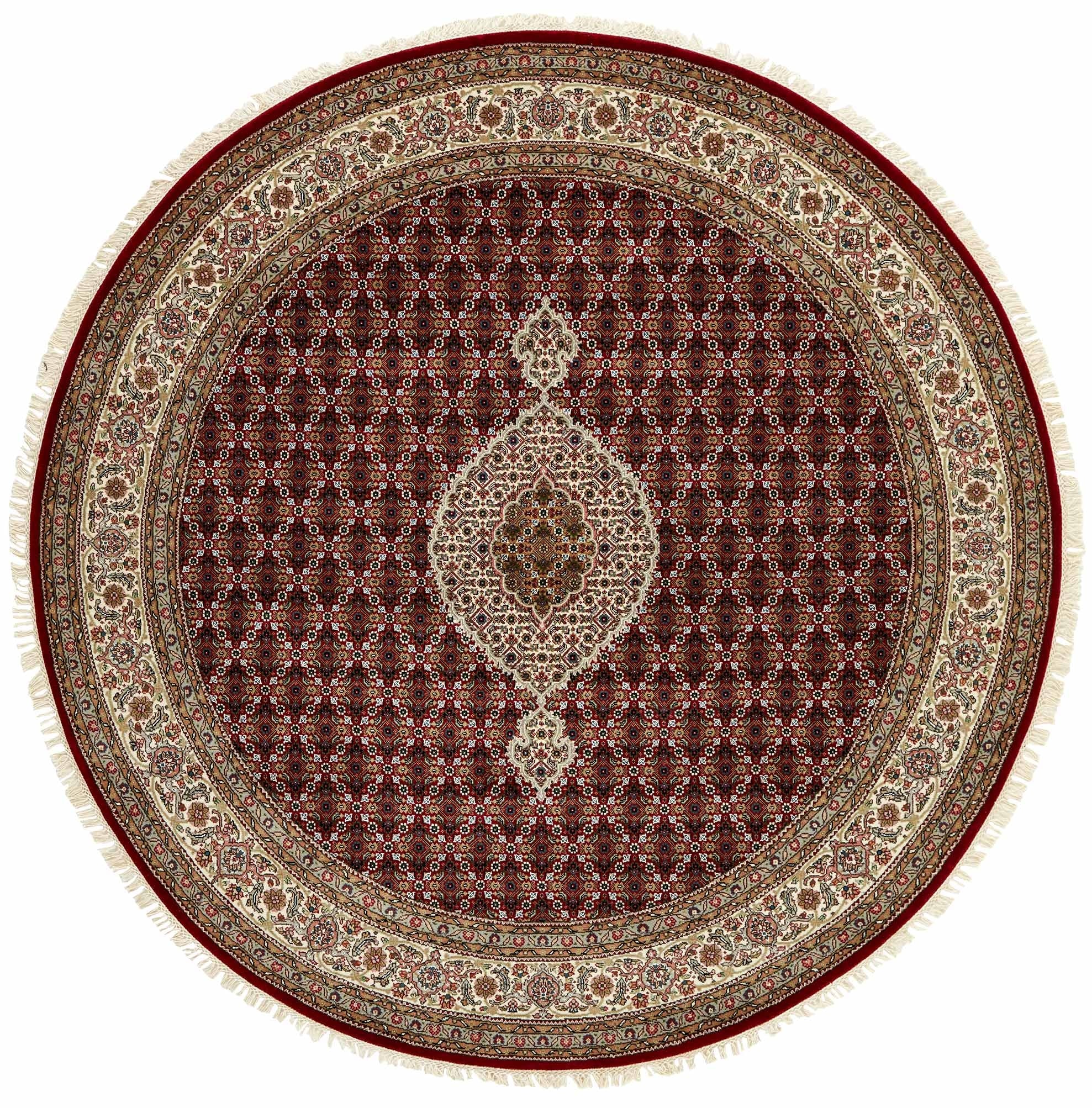 authentic oriental circular rug with traditional geometric and floral design in red, blue, green, beige, brown and black