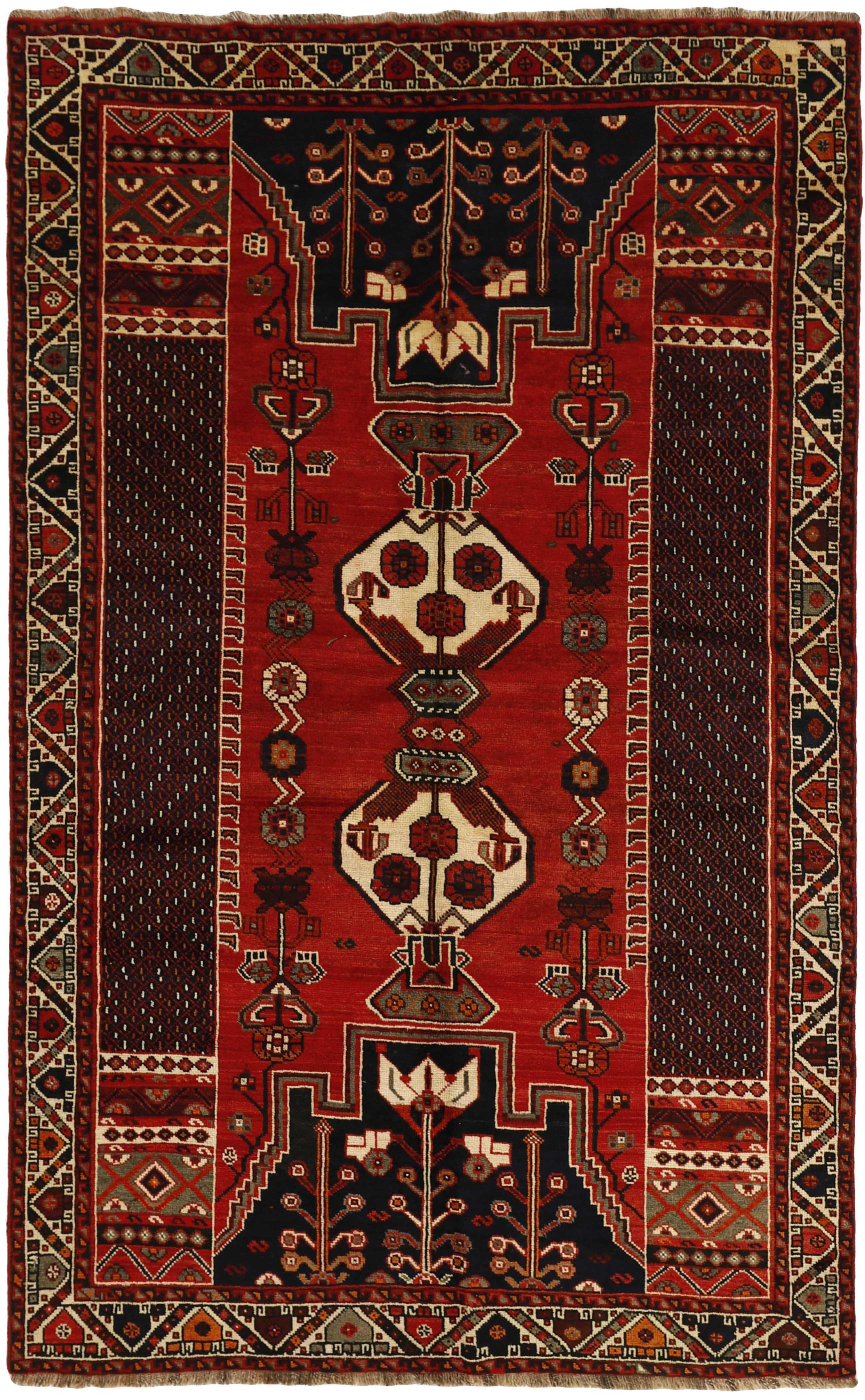 Authentic persian rug with a traditional tribal geometric pattern in red, black and beige