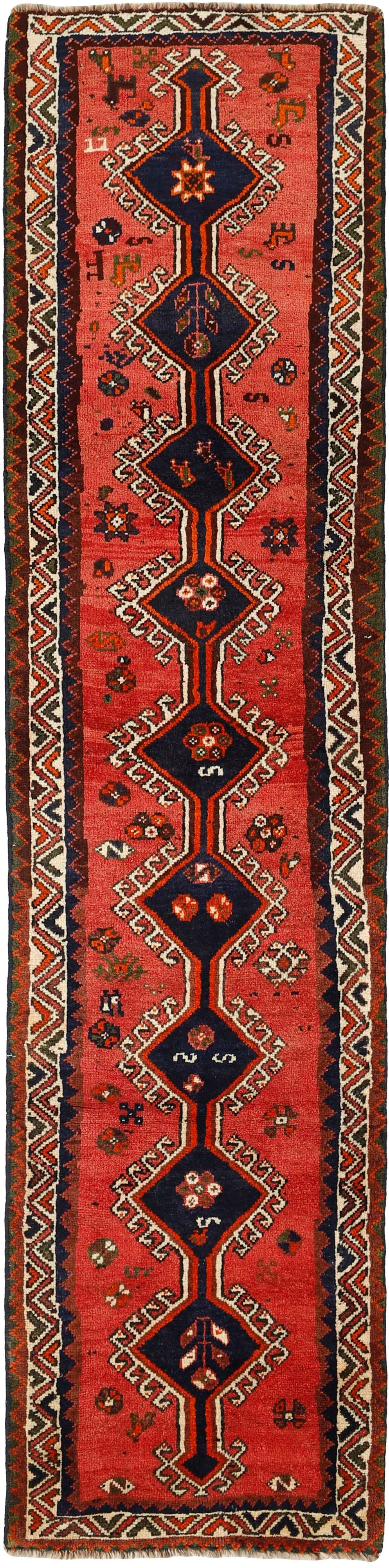 Authentic persian runner with a traditional tribal geometric pattern in red, black and grey