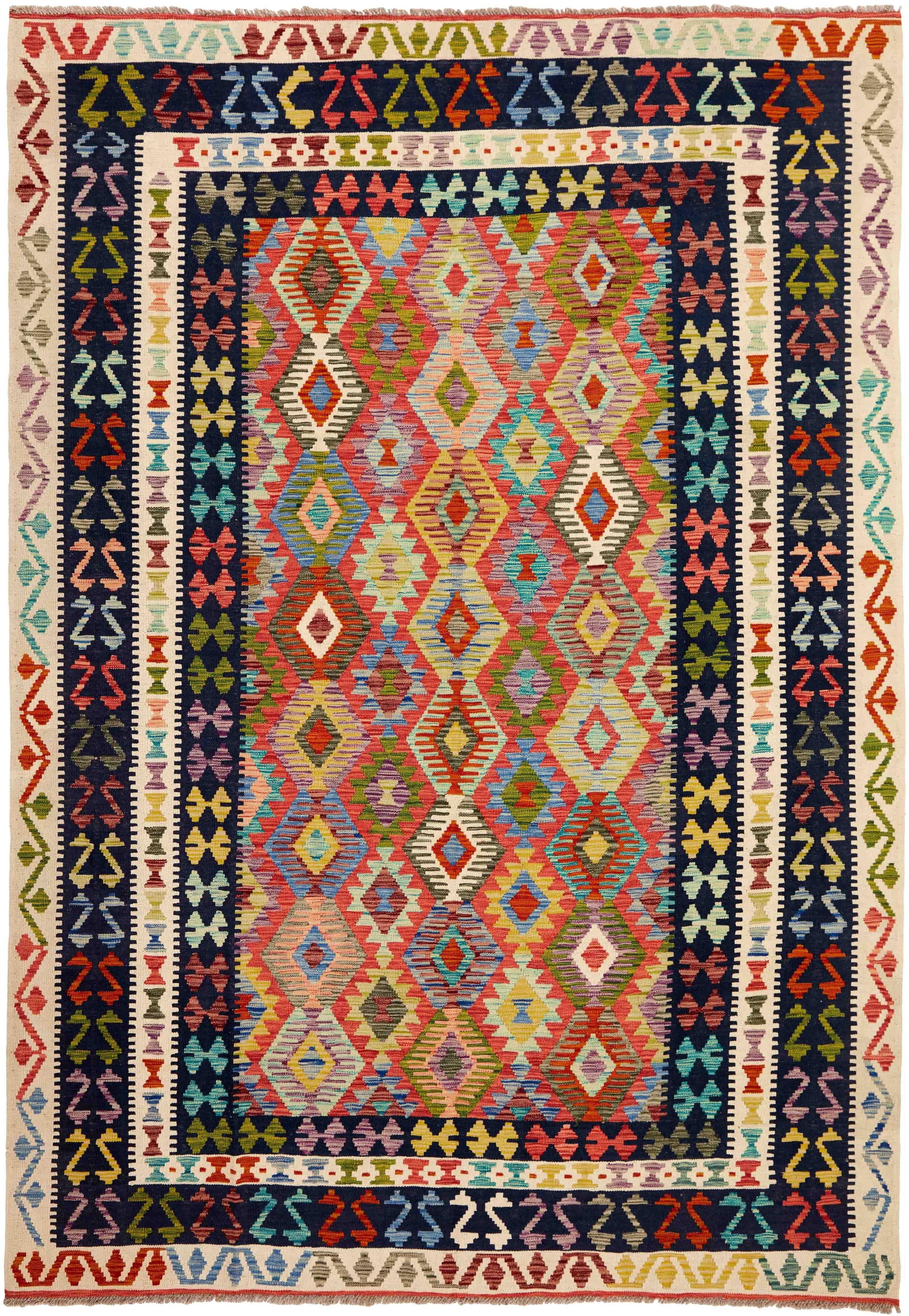 Oriental kelim flatweave rug with a geometric design in red, pink, orange, yellow, blue, green, purple, beige, brown and black